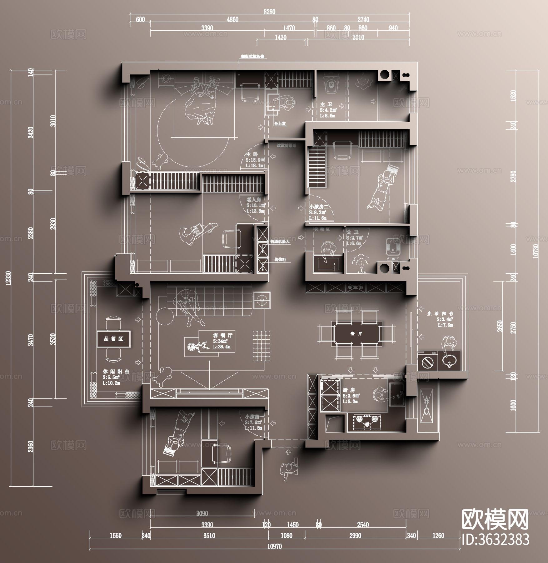 非正常设计师（116㎡刚需四室常见户型）彩屏源文件cad施工图下载（渲染图4）