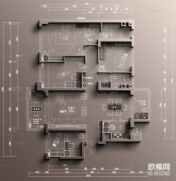 非正常設(shè)計(jì)師(116㎡剛需四室常見(jiàn)戶型)彩屏源文件cad施工圖下載(渲染圖4)