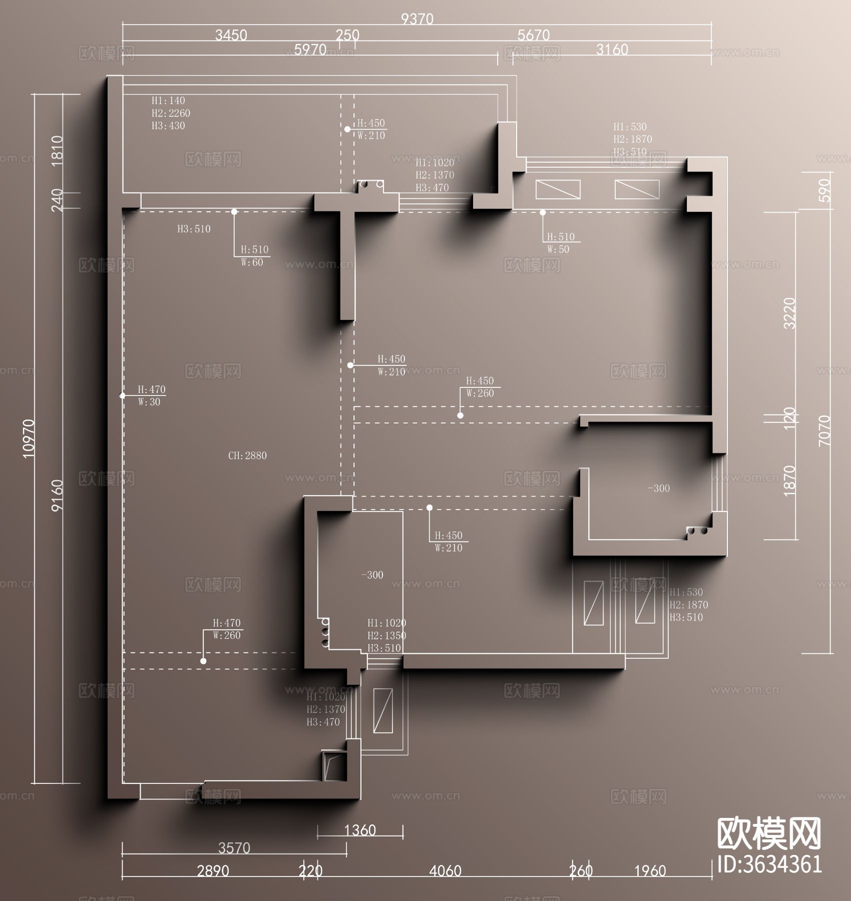 非正常设计师（97㎡刚需常见户型）彩屏源文件cad施工图下载（渲染图3）