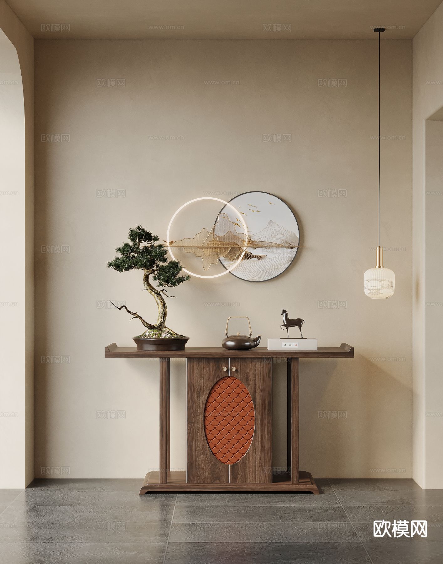 新中式端景台 条案3d模型下载