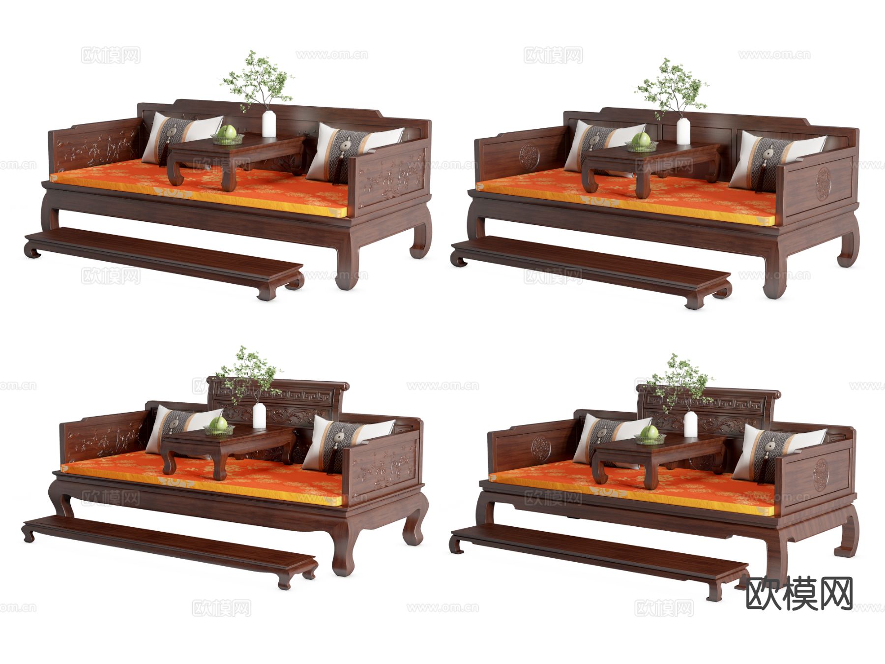 新中式实木罗汉床 罗汉榻su模型下载（渲染图2）