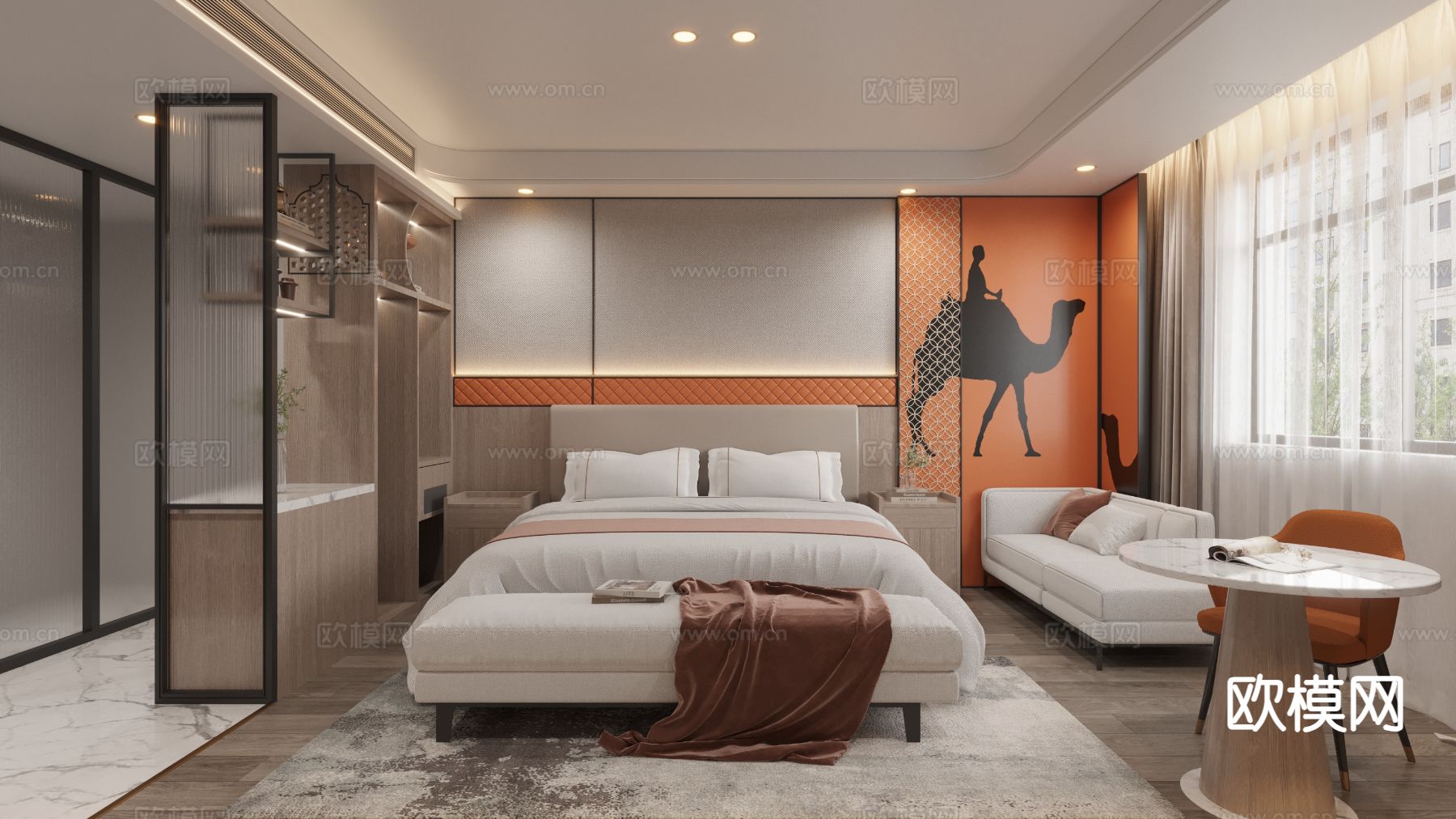 现代酒店客房 大床房3d模型下载（渲染图1）