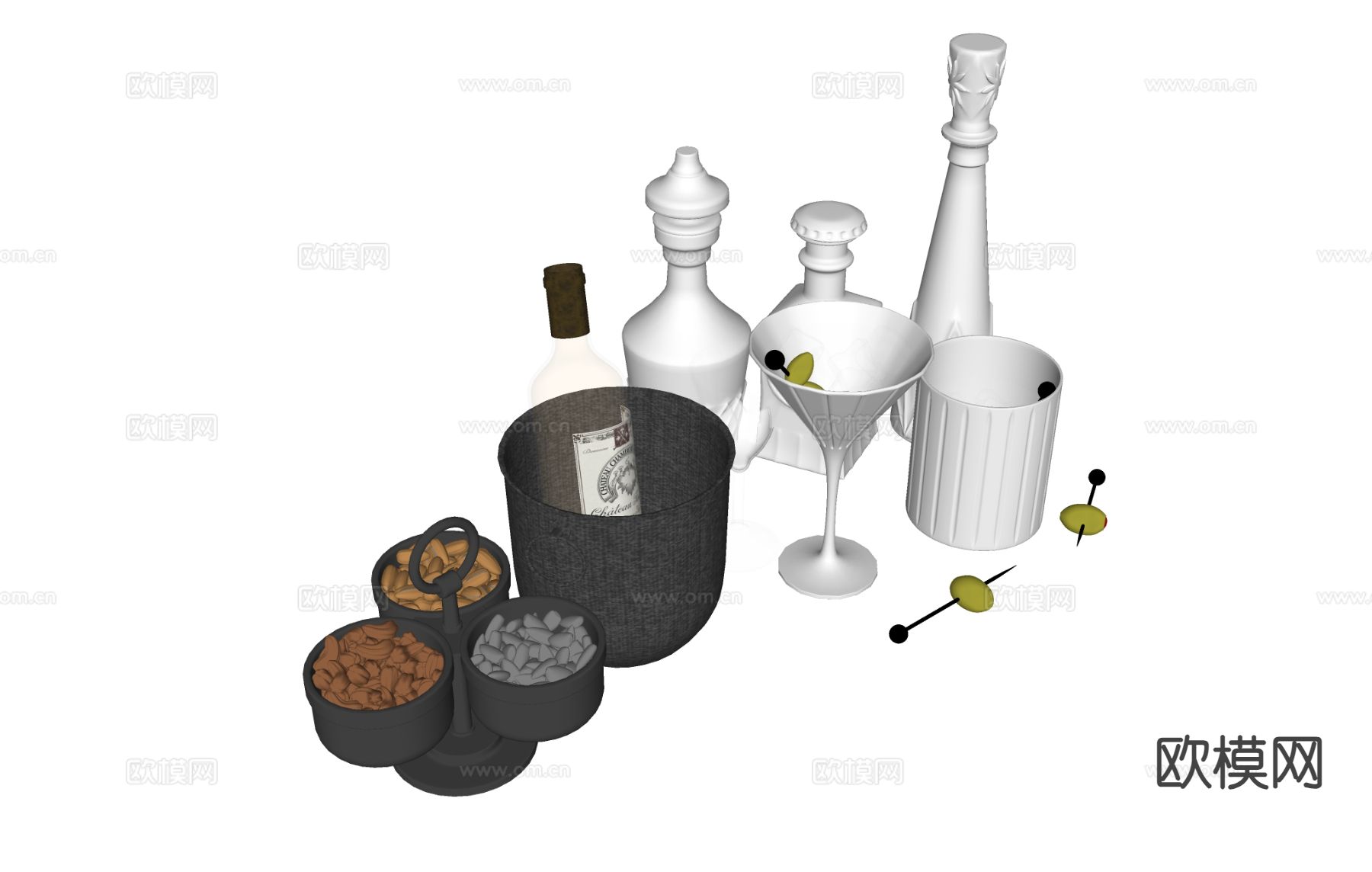 酒具 玻璃杯 玻璃瓶  零食松子su模型下载（渲染图1）