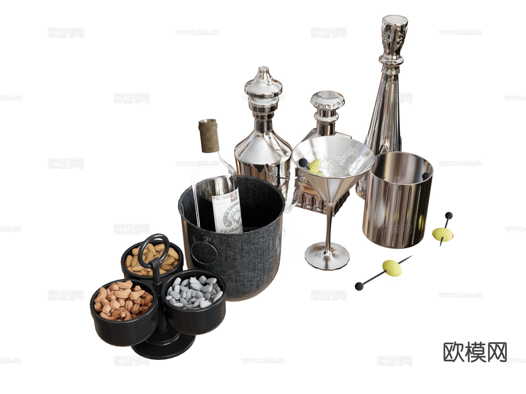 酒具 玻璃杯 玻璃瓶  零食松子su模型下载（渲染图2）