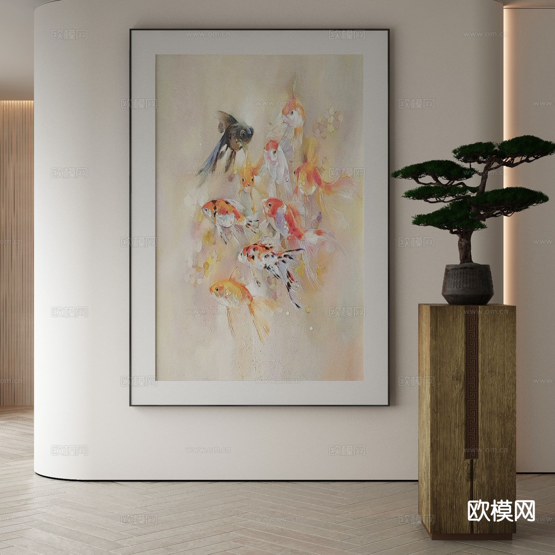 新中式装饰画 油画 锦鲤挂画3d模型