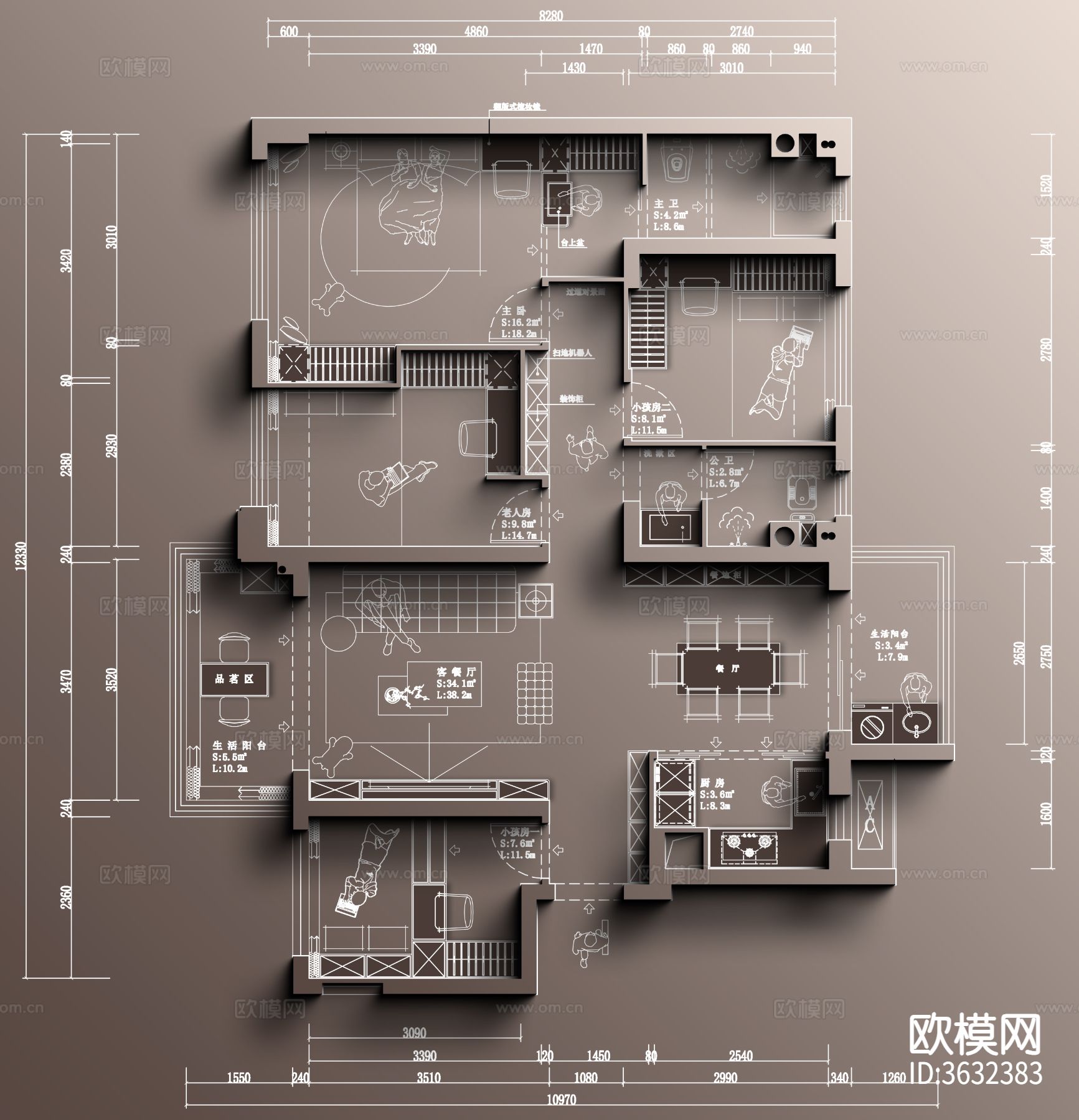 非正常设计师（116㎡刚需四室常见户型）彩屏源文件cad施工图下载（渲染图5）