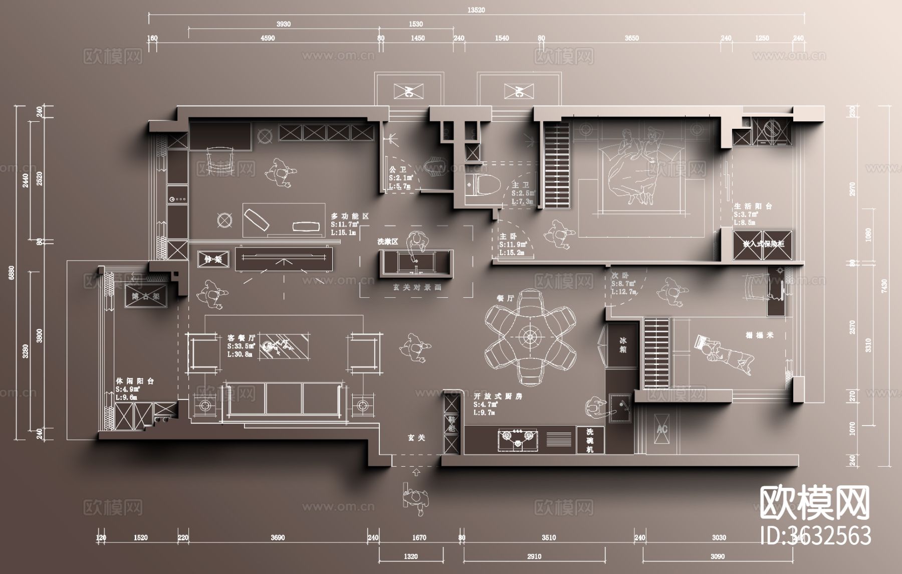 非正常设计师（100㎡刚需四室常见户型）彩屏源文件cad施工图下载（渲染图1）