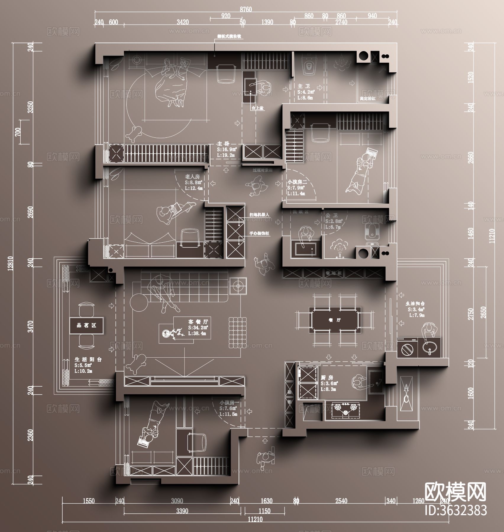 非正常设计师（116㎡刚需四室常见户型）彩屏源文件cad施工图下载（渲染图1）