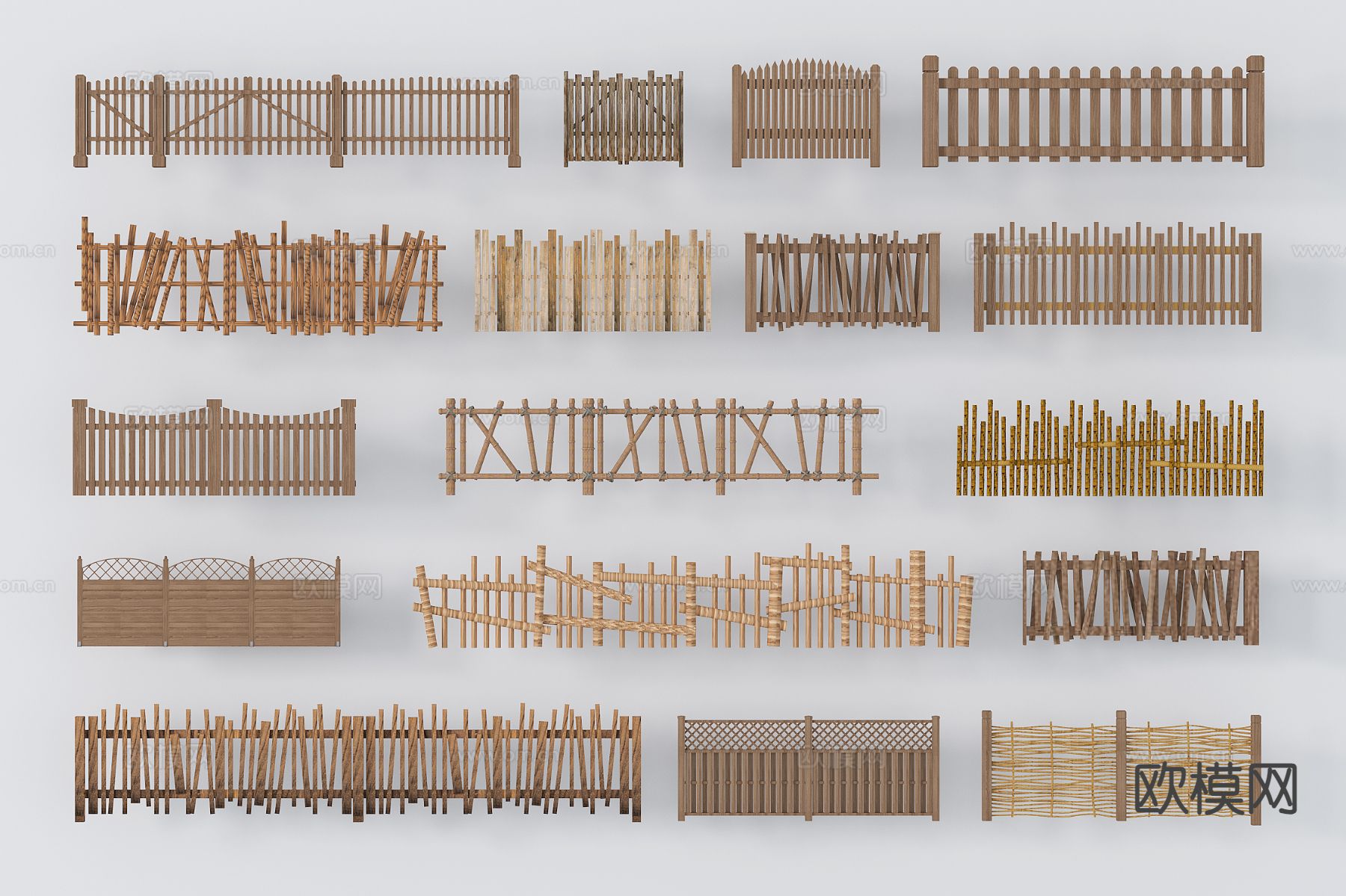 新中式篱笆 围栏 木栏杆木格栅 围墙3d模型