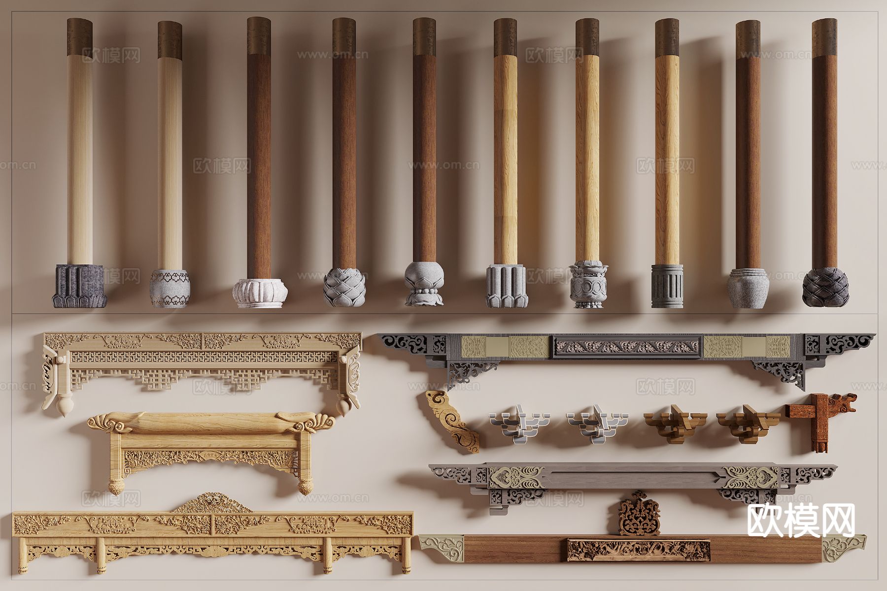 新中式柱子 圆柱 木柱 门庭柱3d模型下载