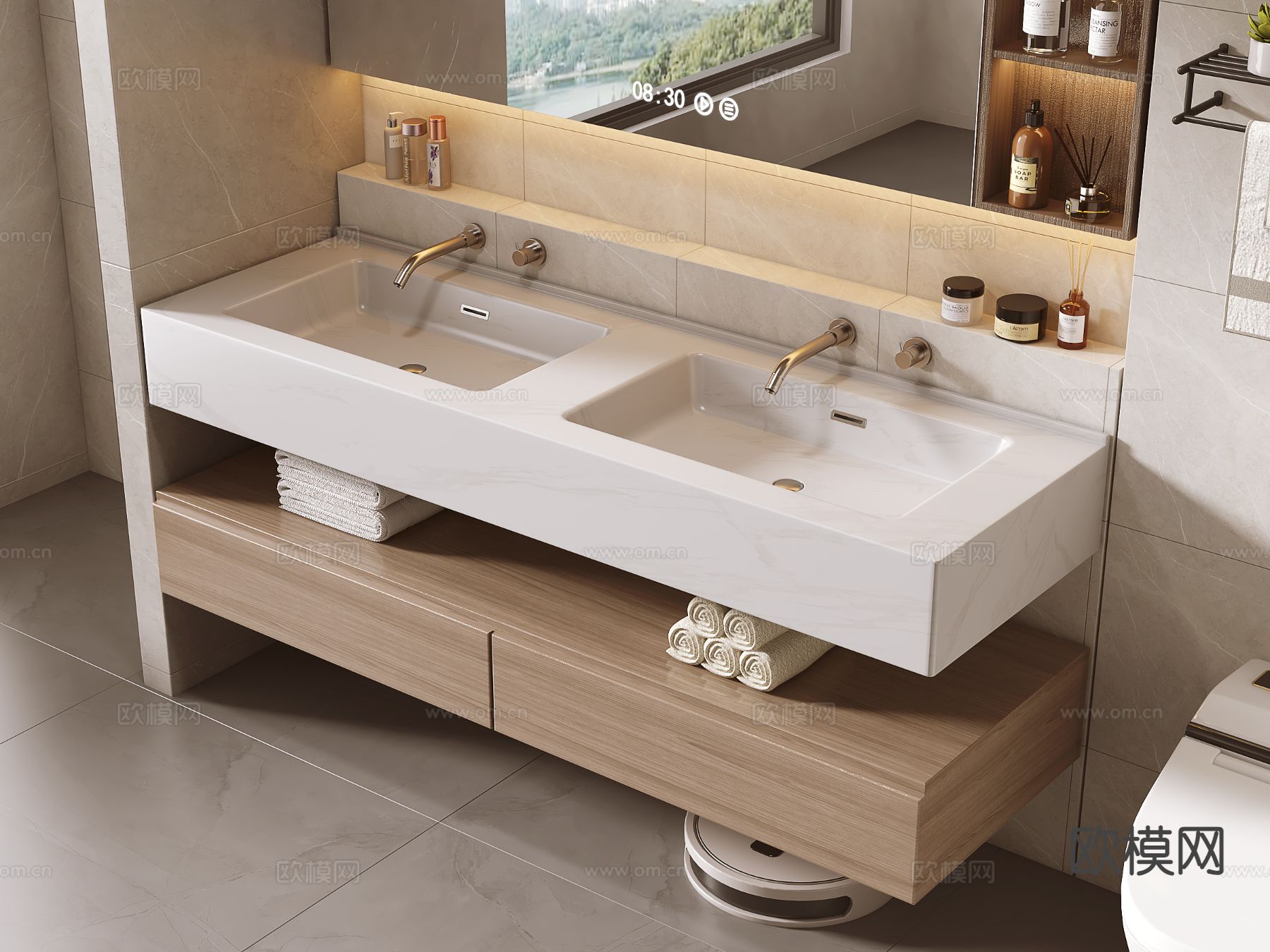 现代双台盆 洗手盆su模型下载（渲染图2）