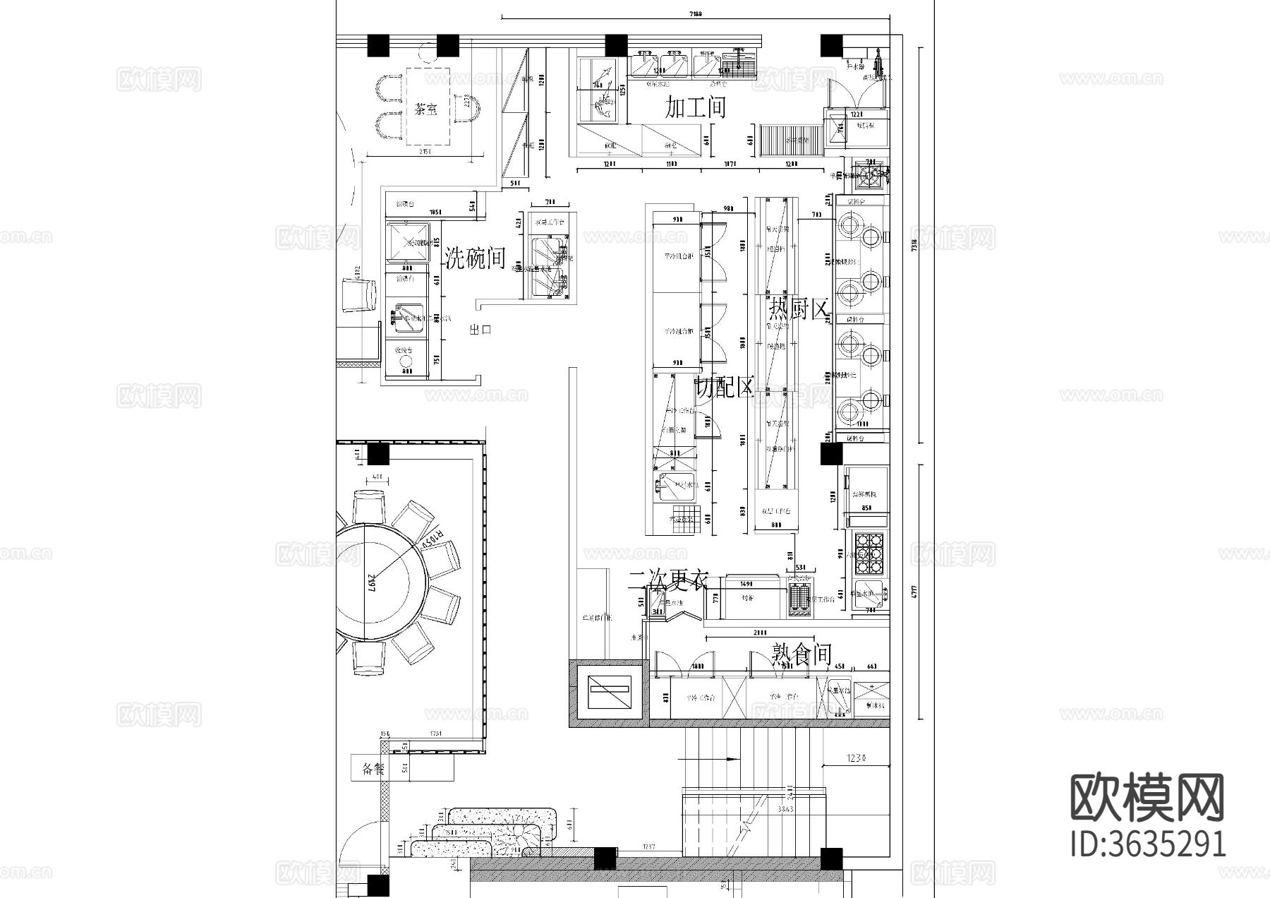 现代餐厅厨房cad施工图下载（渲染图1）