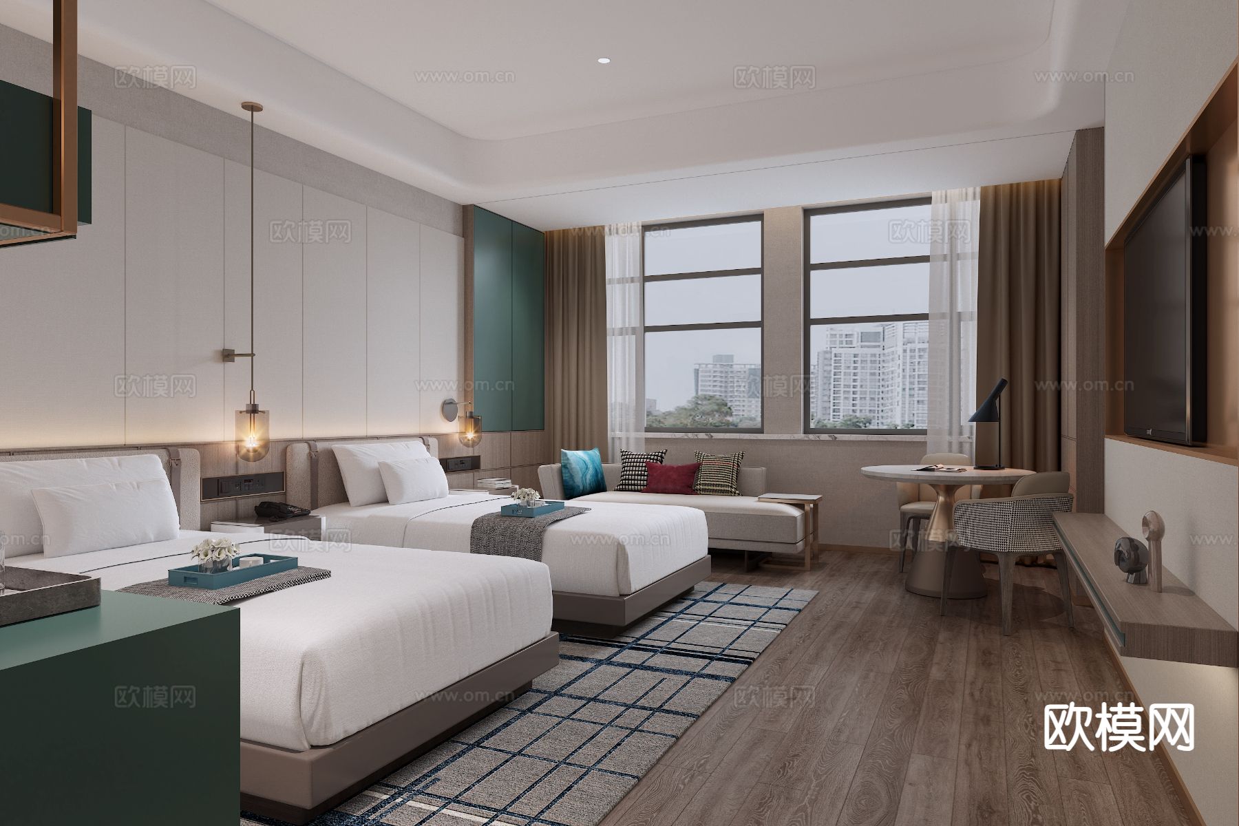 酒店客房 双床房3d模型下载（渲染图3）