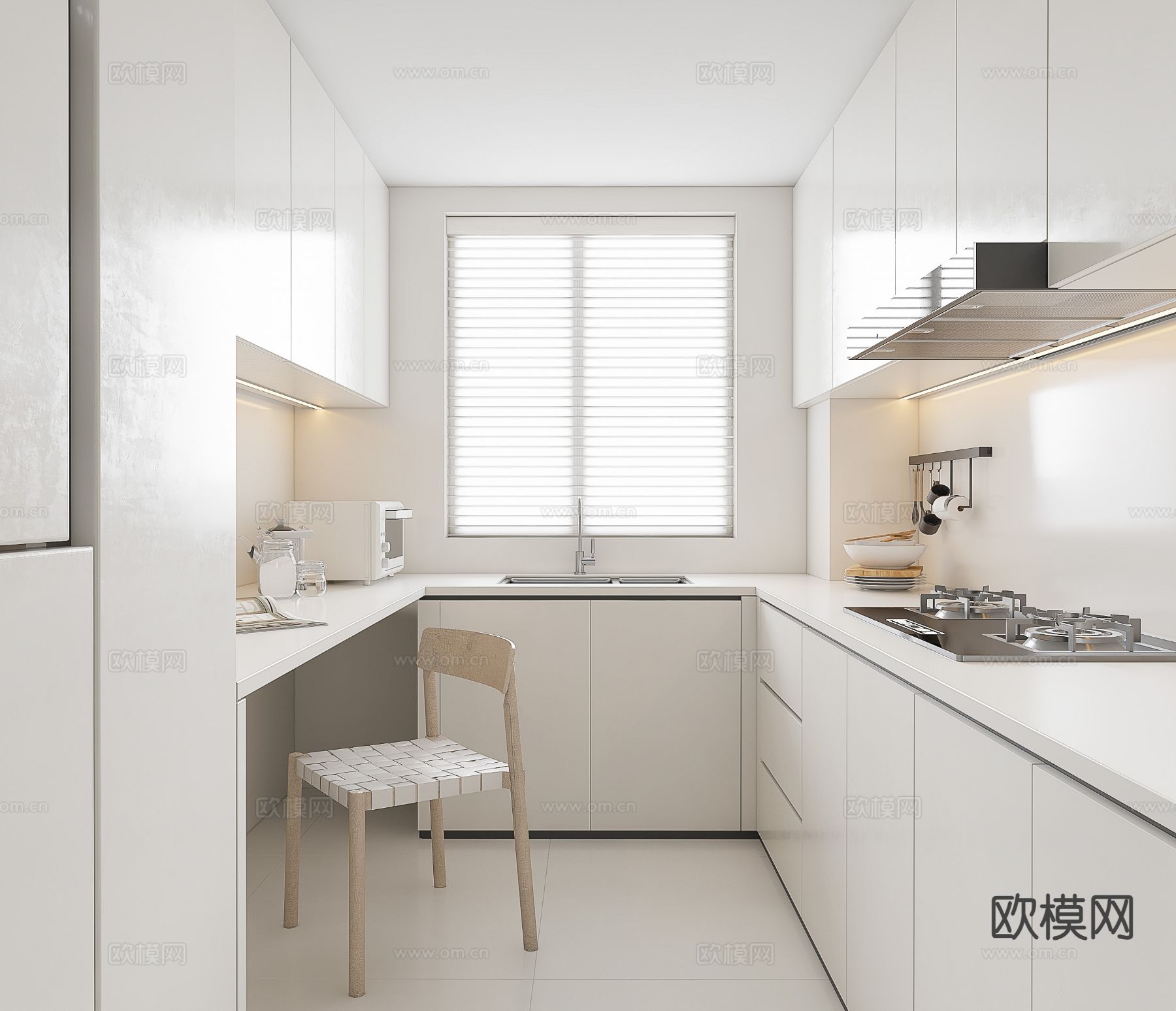 奶油风厨房 极简厨房su模型下载（渲染图2）