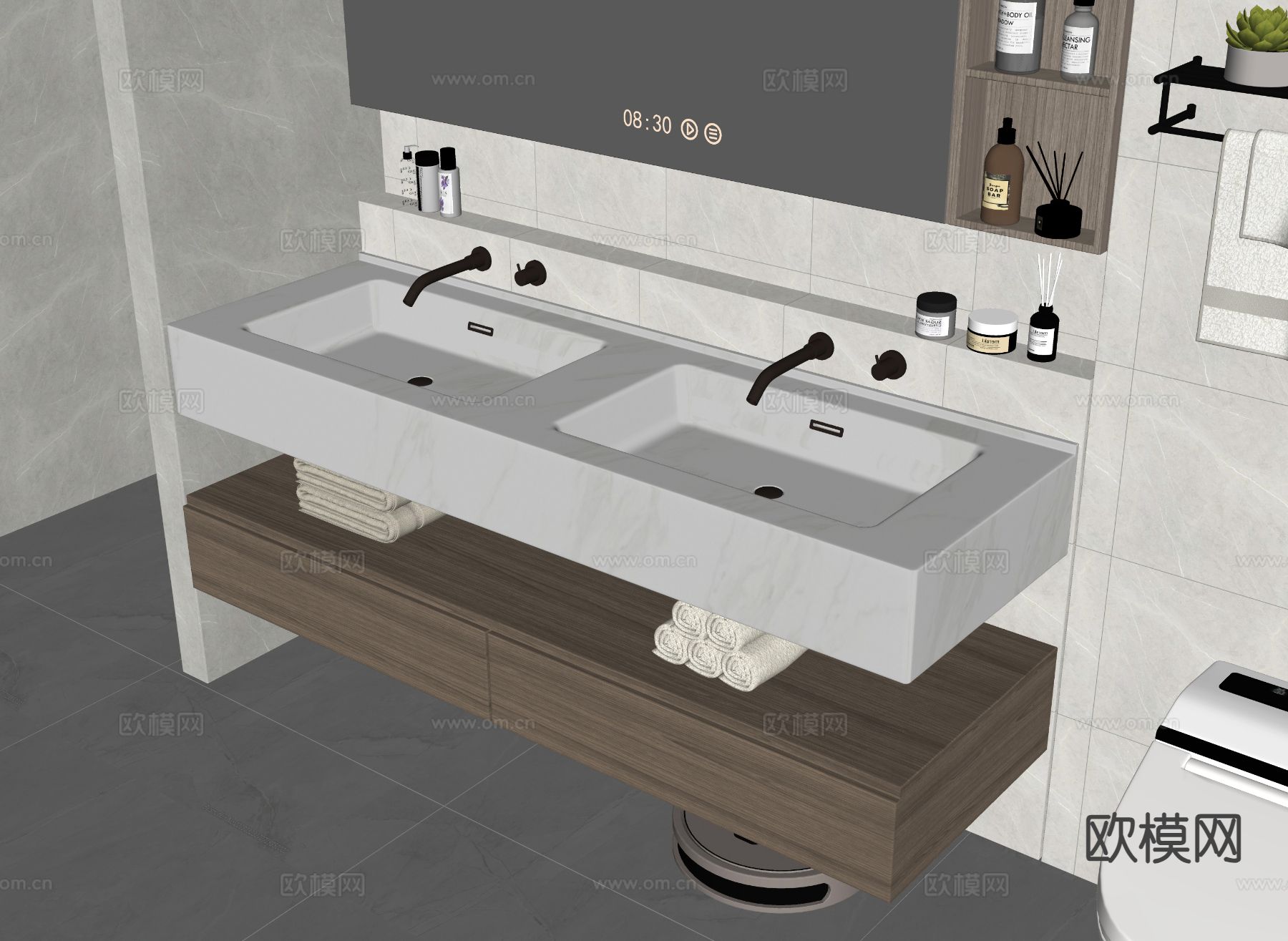 现代双台盆 洗手盆su模型下载（渲染图1）