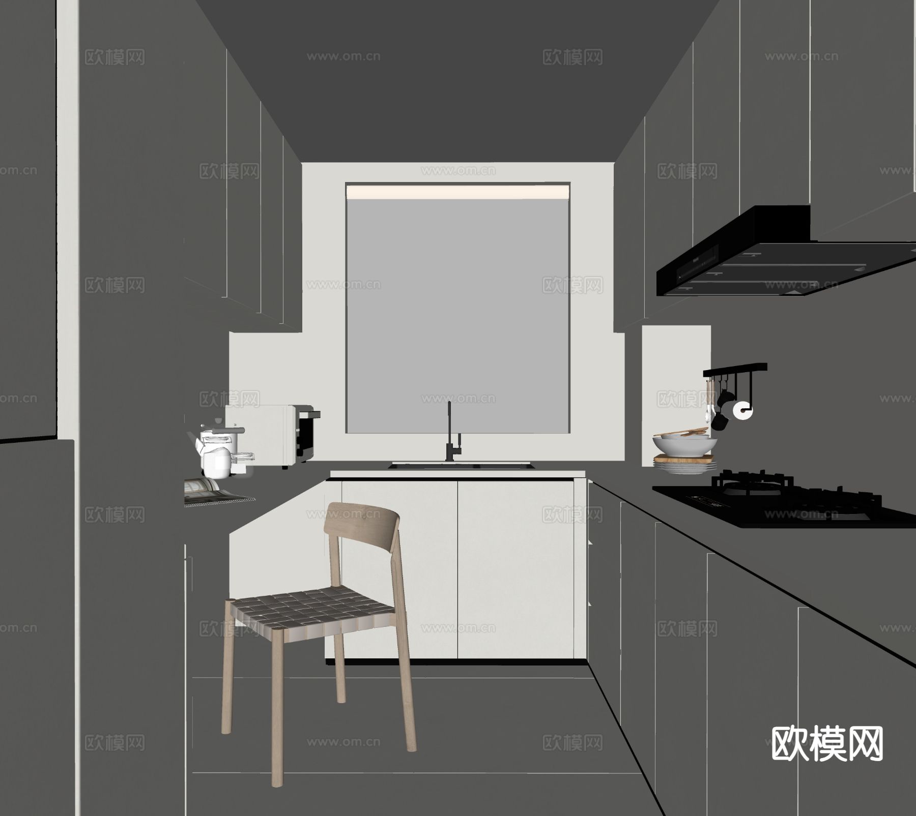 奶油风厨房 极简厨房su模型下载（渲染图1）