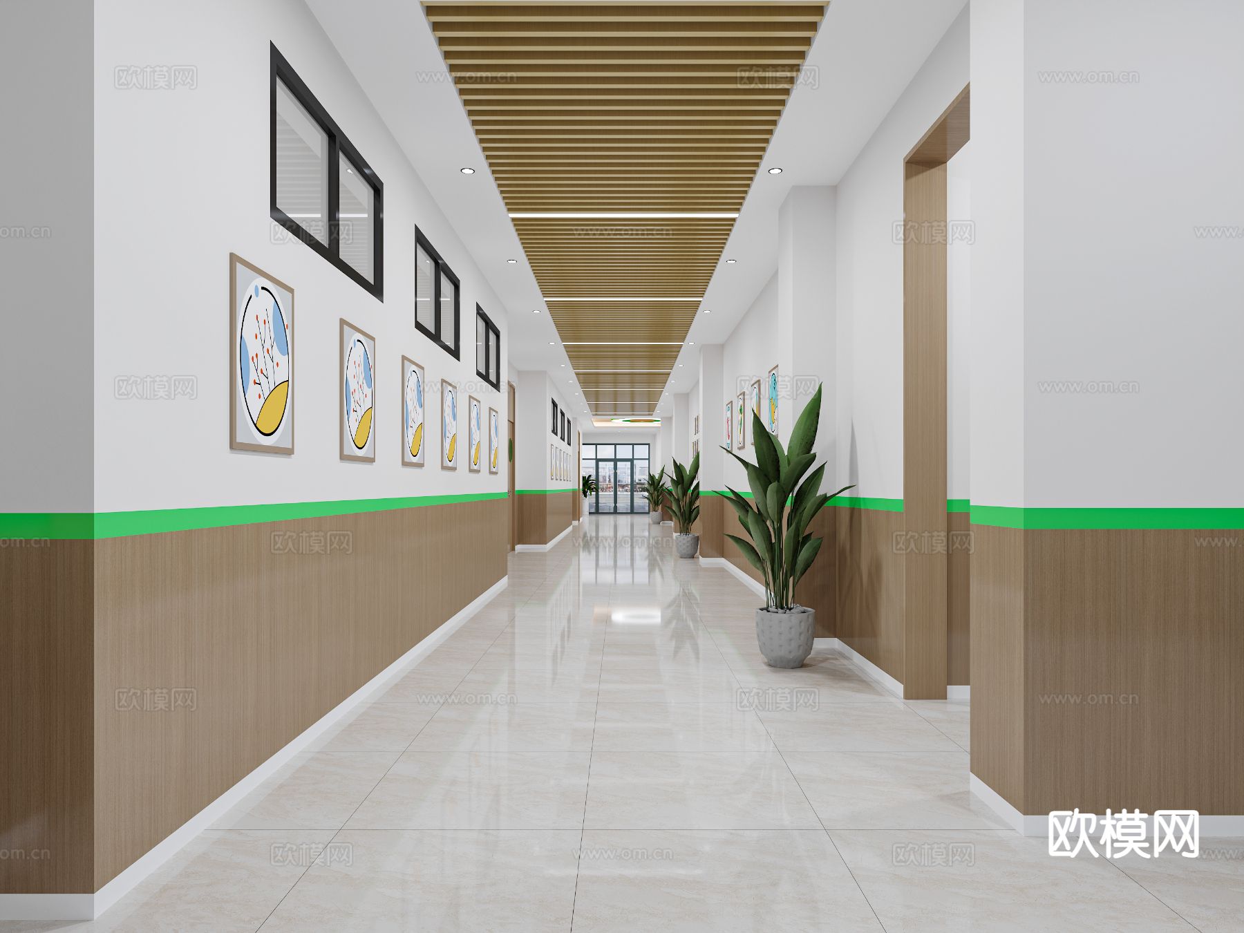 现代幼儿园过道  长廊3d模型下载（渲染图1）
