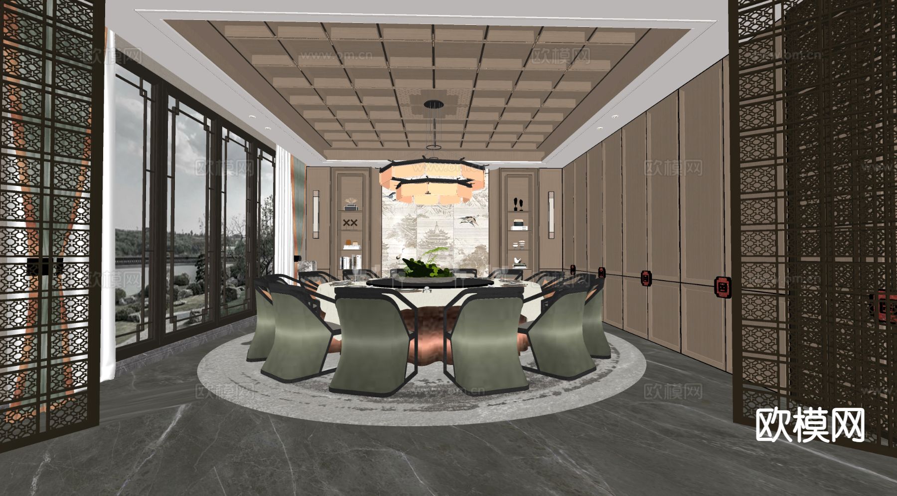 新中式餐厅包房 包厢su模型下载（渲染图1）