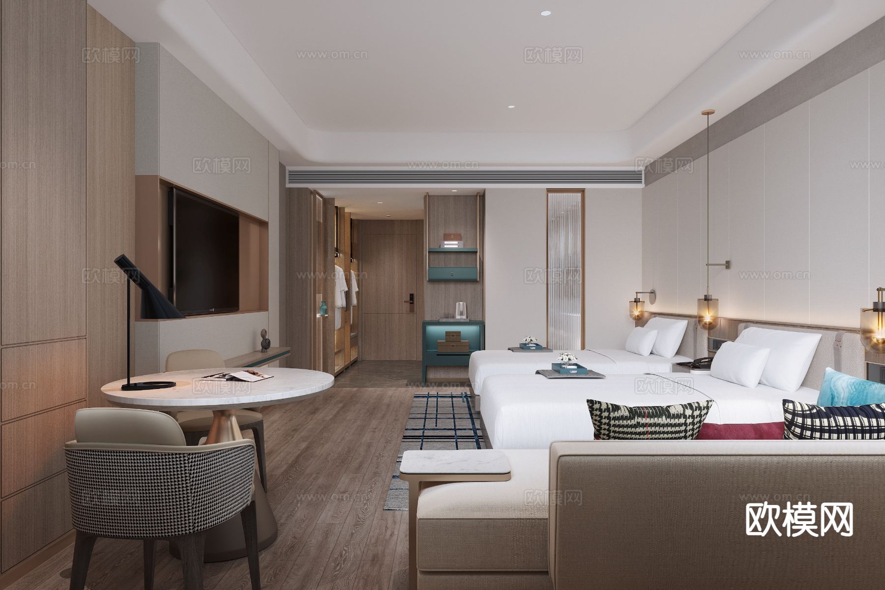 酒店客房 双床房3d模型下载（渲染图1）