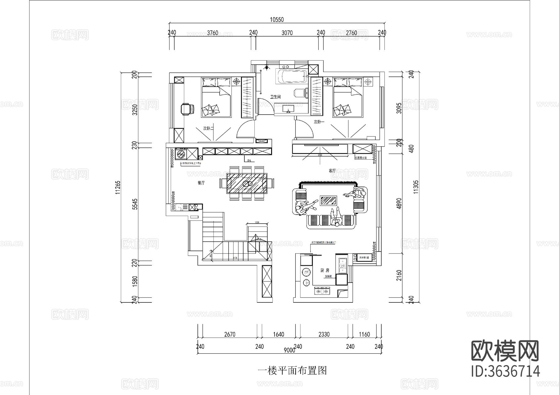 家装两层CAD施工图下载（渲染图1）