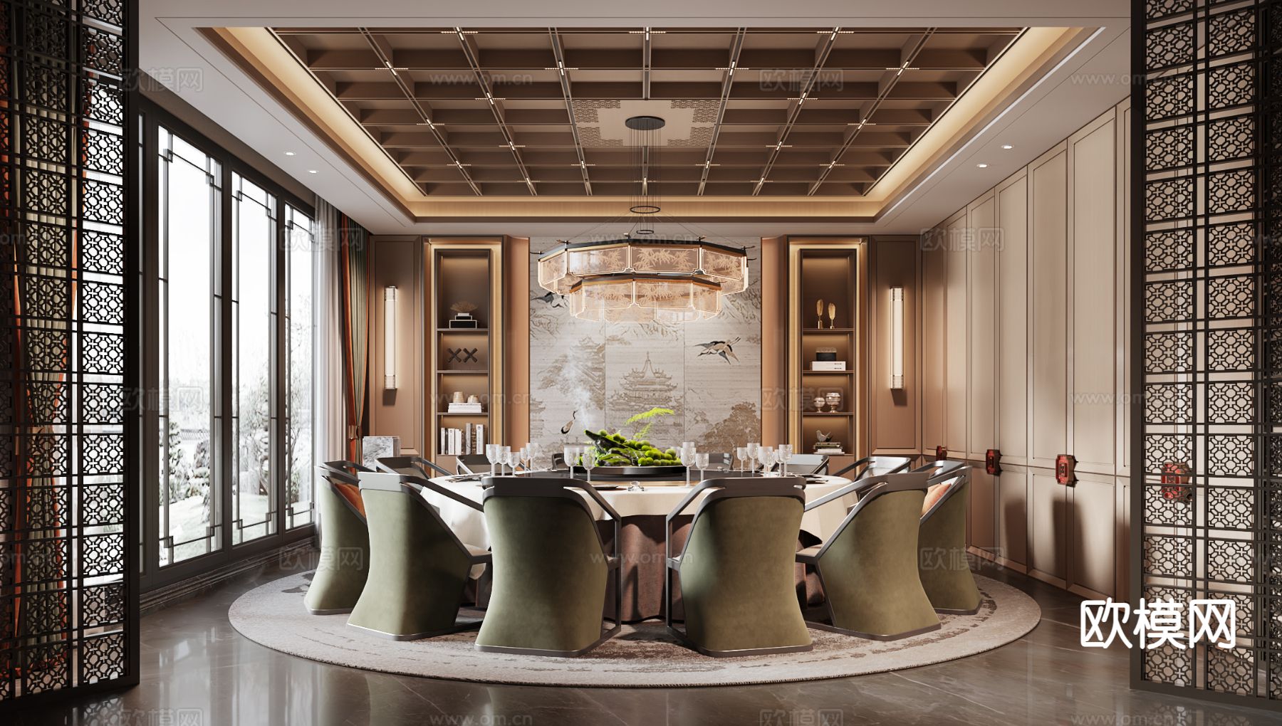 新中式餐厅包房 包厢su模型下载（渲染图2）