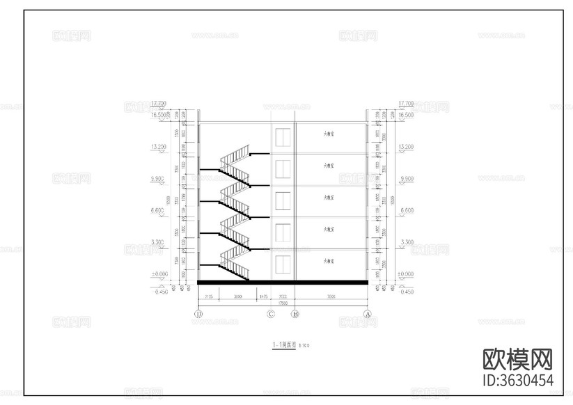 教學(xué)樓建筑cad施工圖下載(渲染圖7)