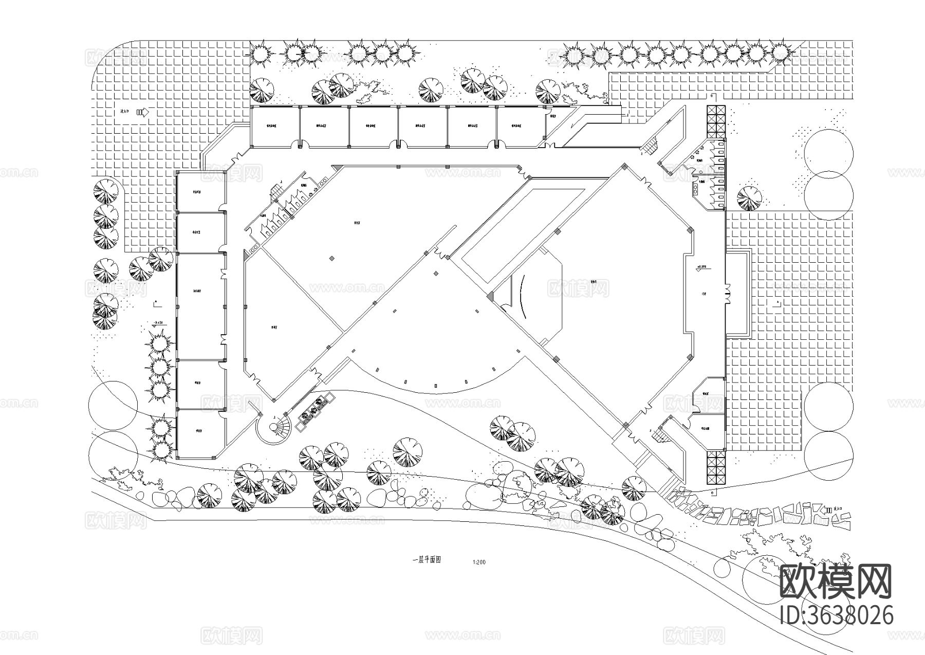 大学生活动中心建筑CAD施工图下载（渲染图2）