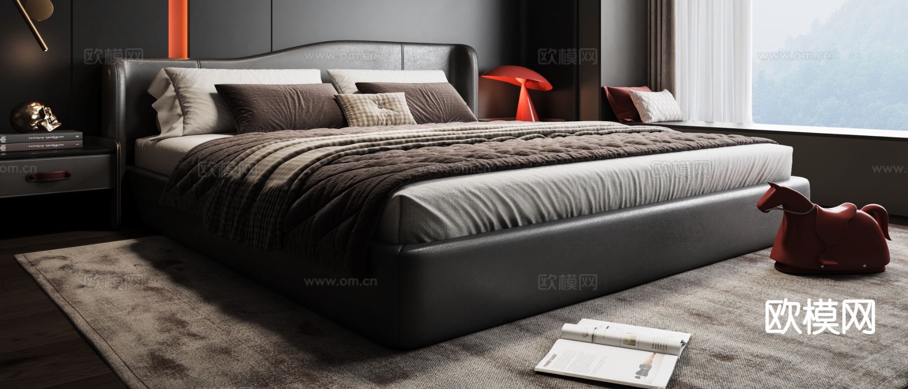 暗黑风双人床3d模型下载（渲染图1）