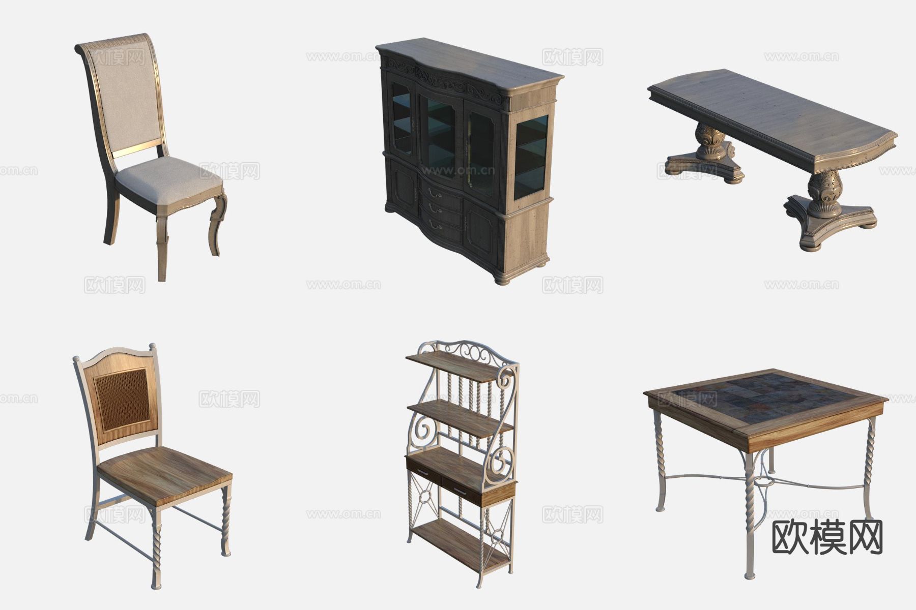 欧式椅子 休闲椅 餐桌 置物架3d模型