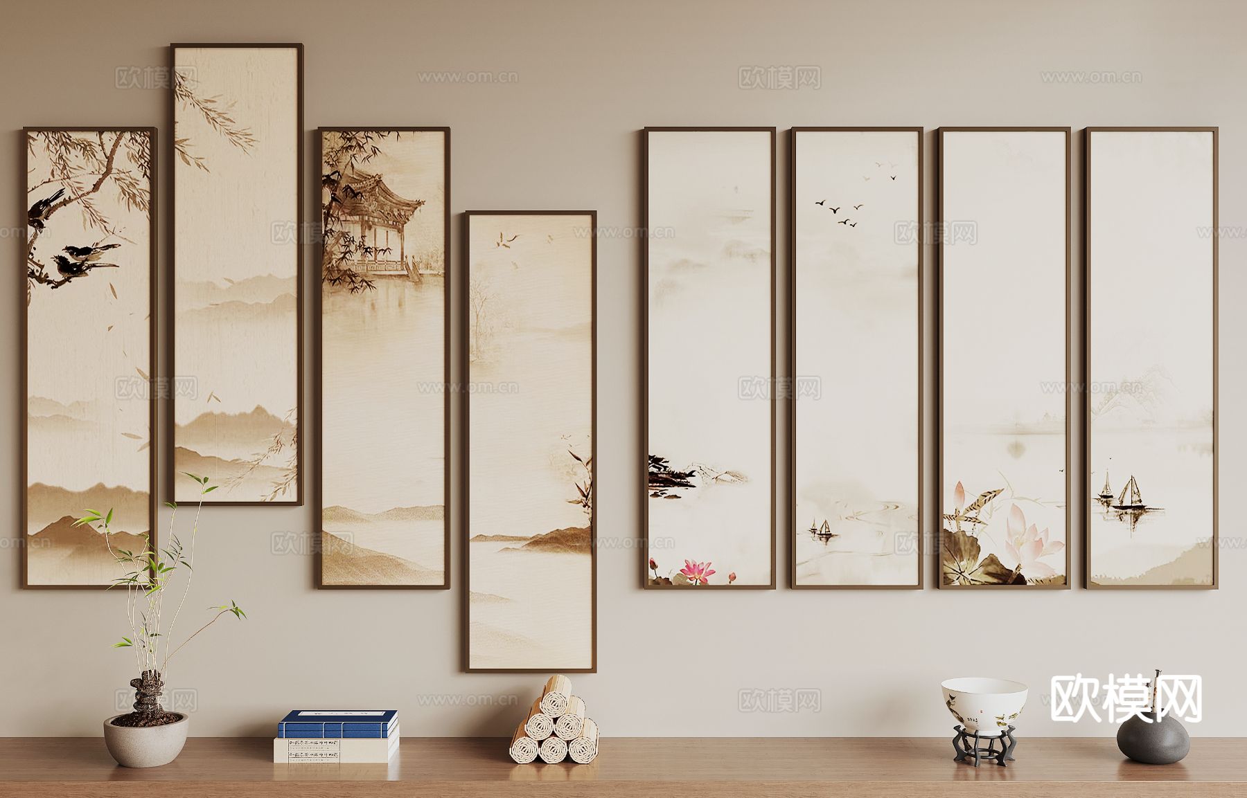 新中式挂画 水墨画 山水画3d模型下载