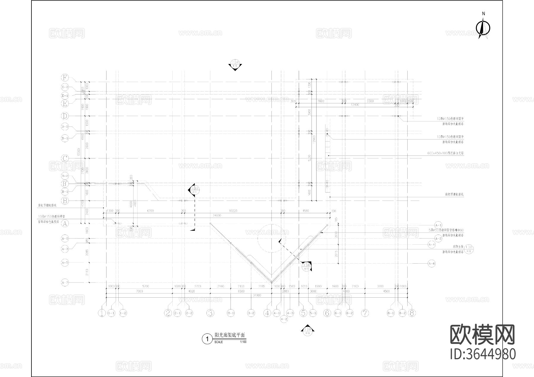 阳光廊架cad大样图下载（渲染图1）