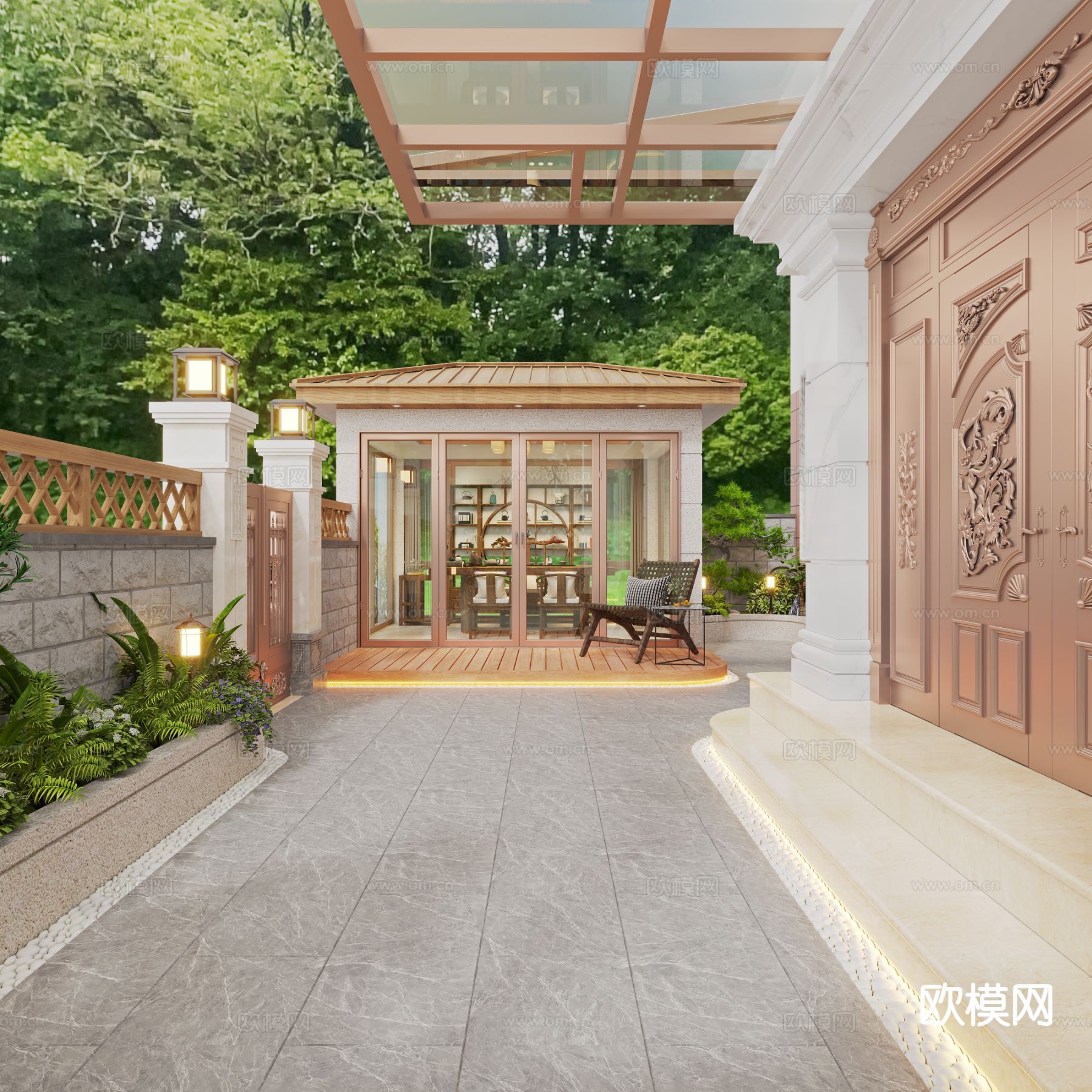 新中式别墅庭院 庭院花园3d模型