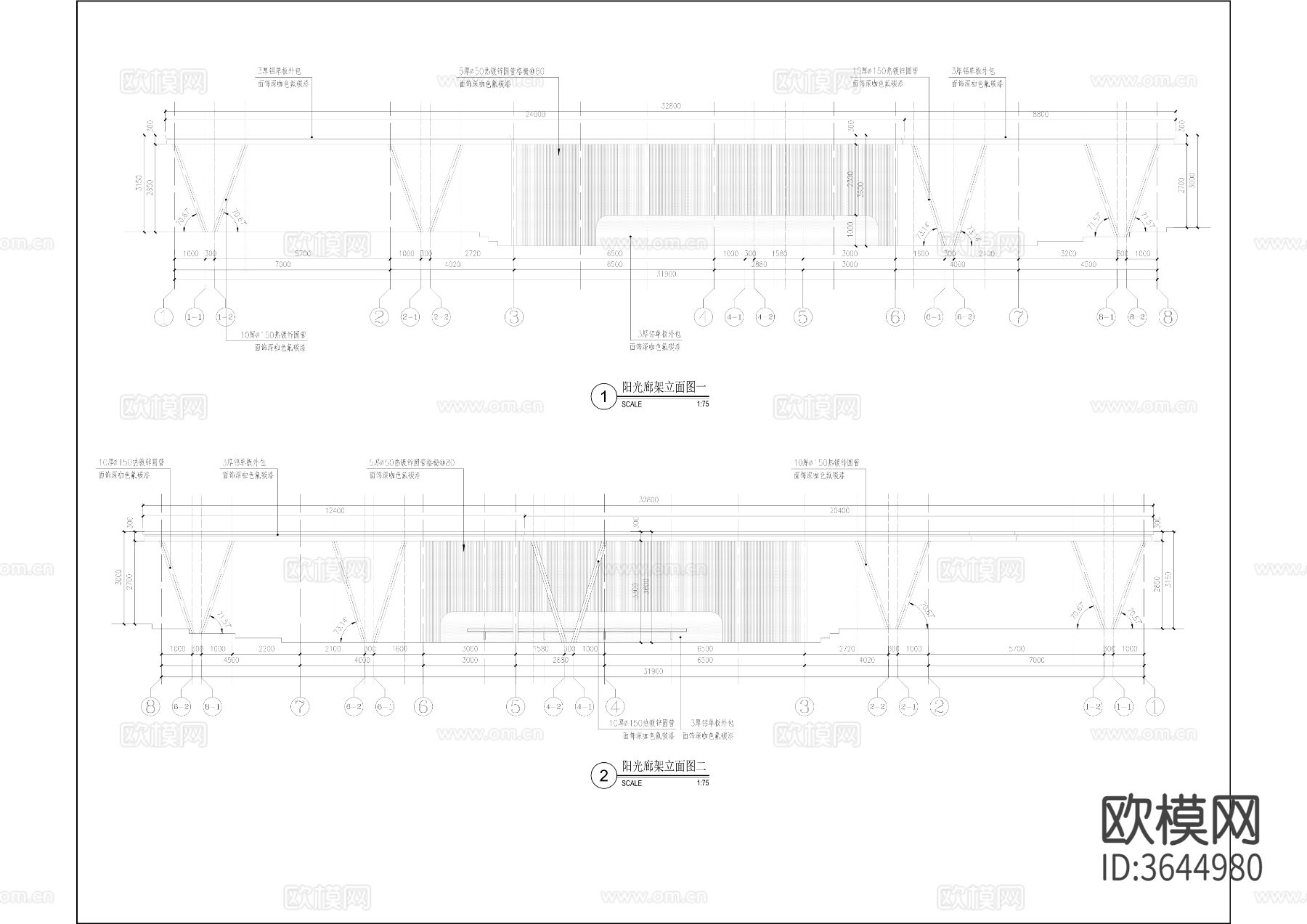 阳光廊架cad大样图下载（渲染图3）