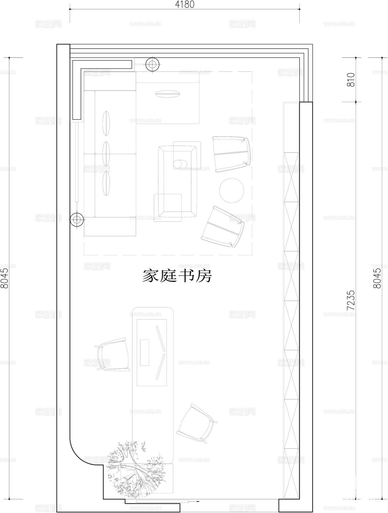 家庭书房cad平面图下载（渲染图2）