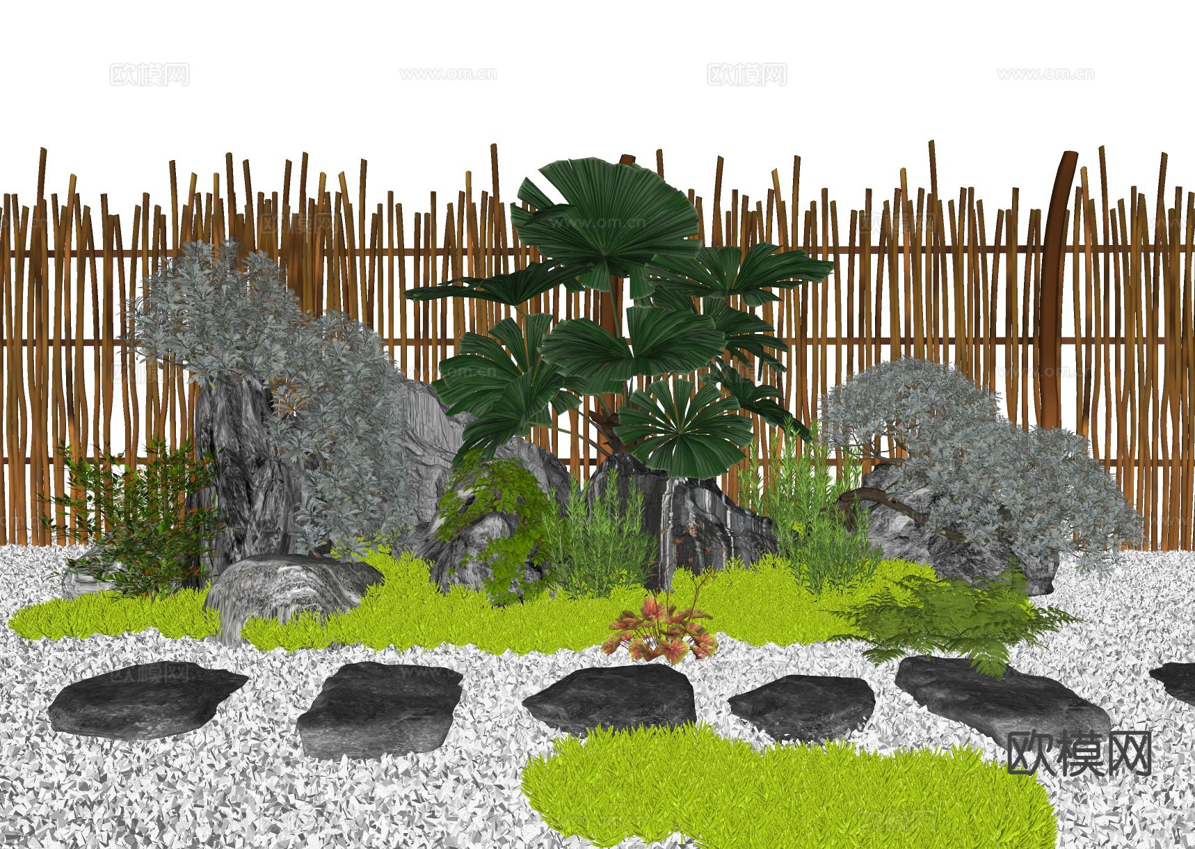 新中式景观石头  汀步 植物堆su模型下载（渲染图1）