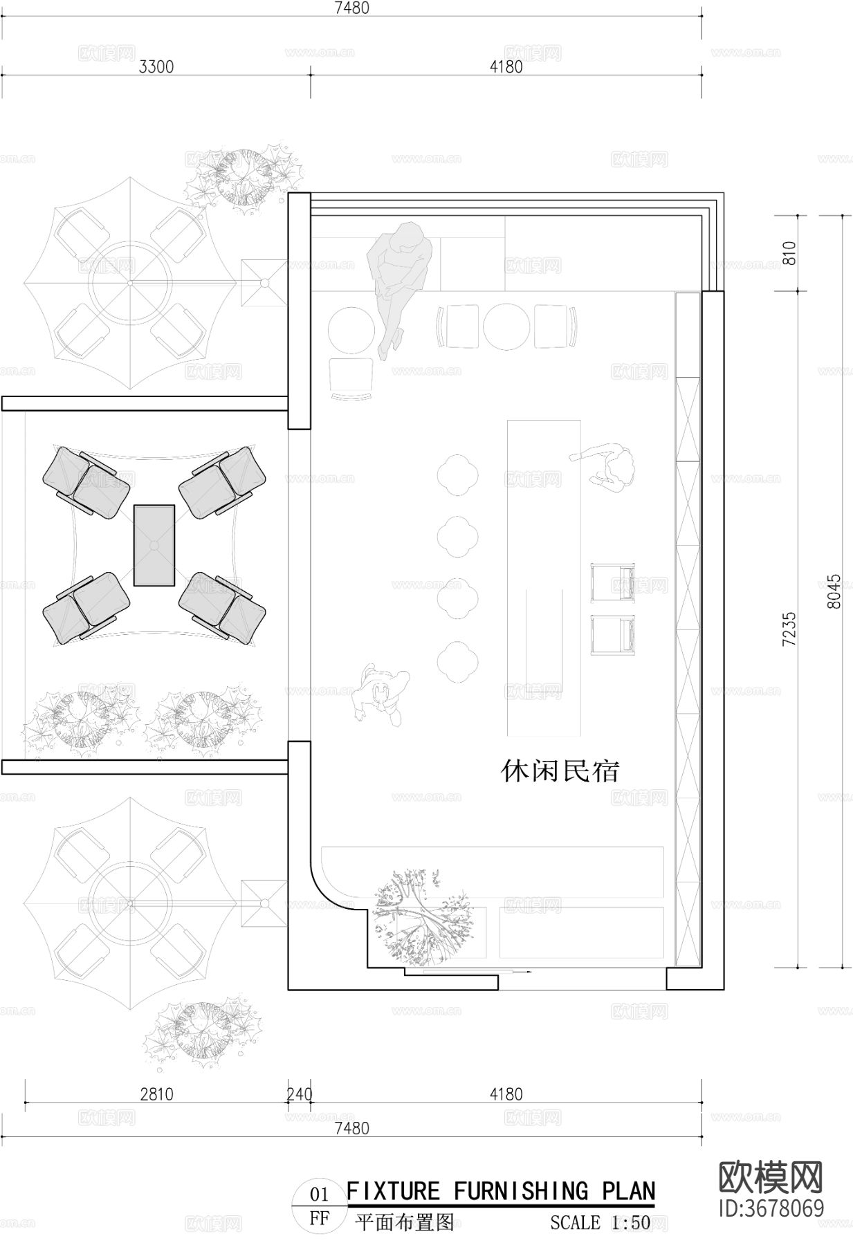 休闲民宿cad平面图下载（渲染图1）