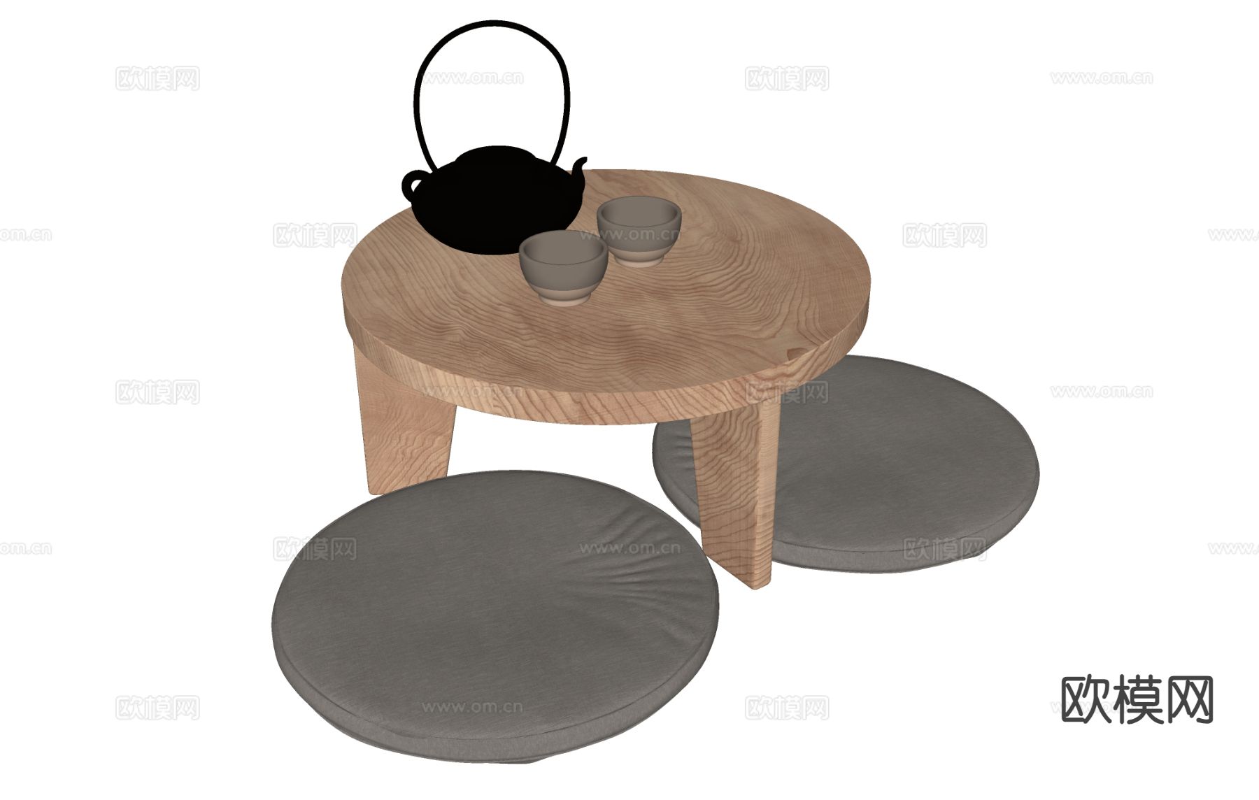 新中式茶几 边几 蒲团坐垫su模型下载（渲染图1）