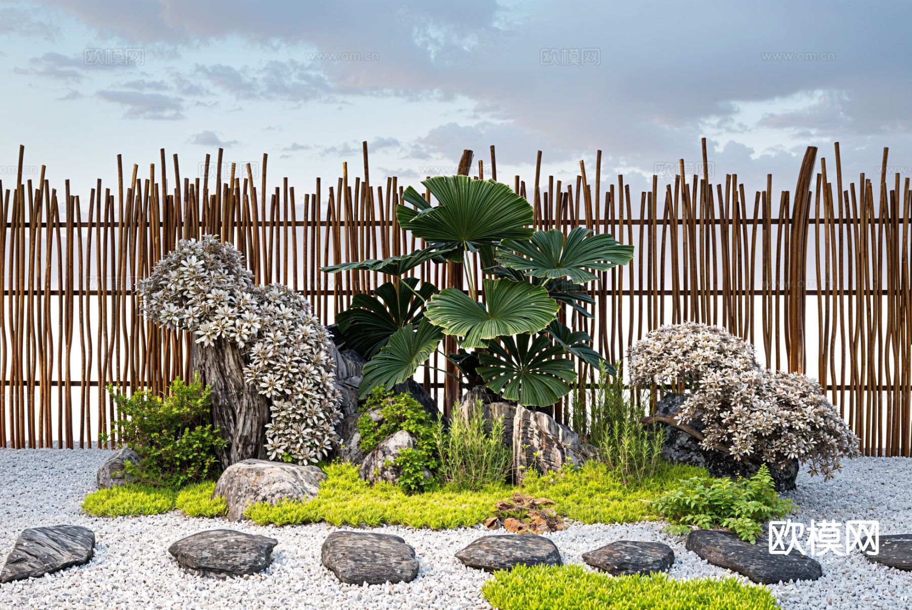 新中式景观石头  汀步 植物堆su模型下载（渲染图2）