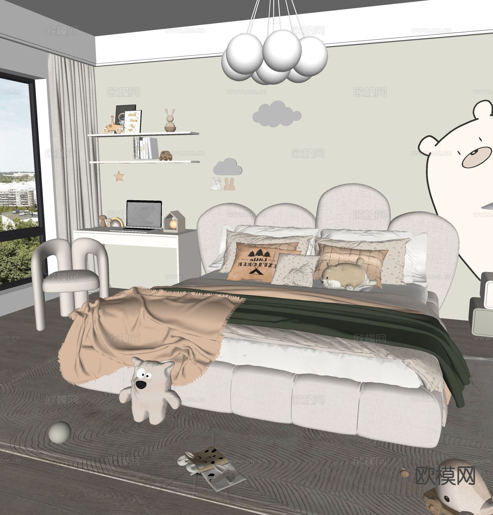 现代儿童床su模型下载（渲染图1）