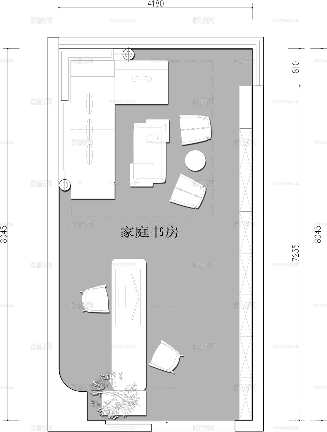 家庭书房cad平面图下载（渲染图1）