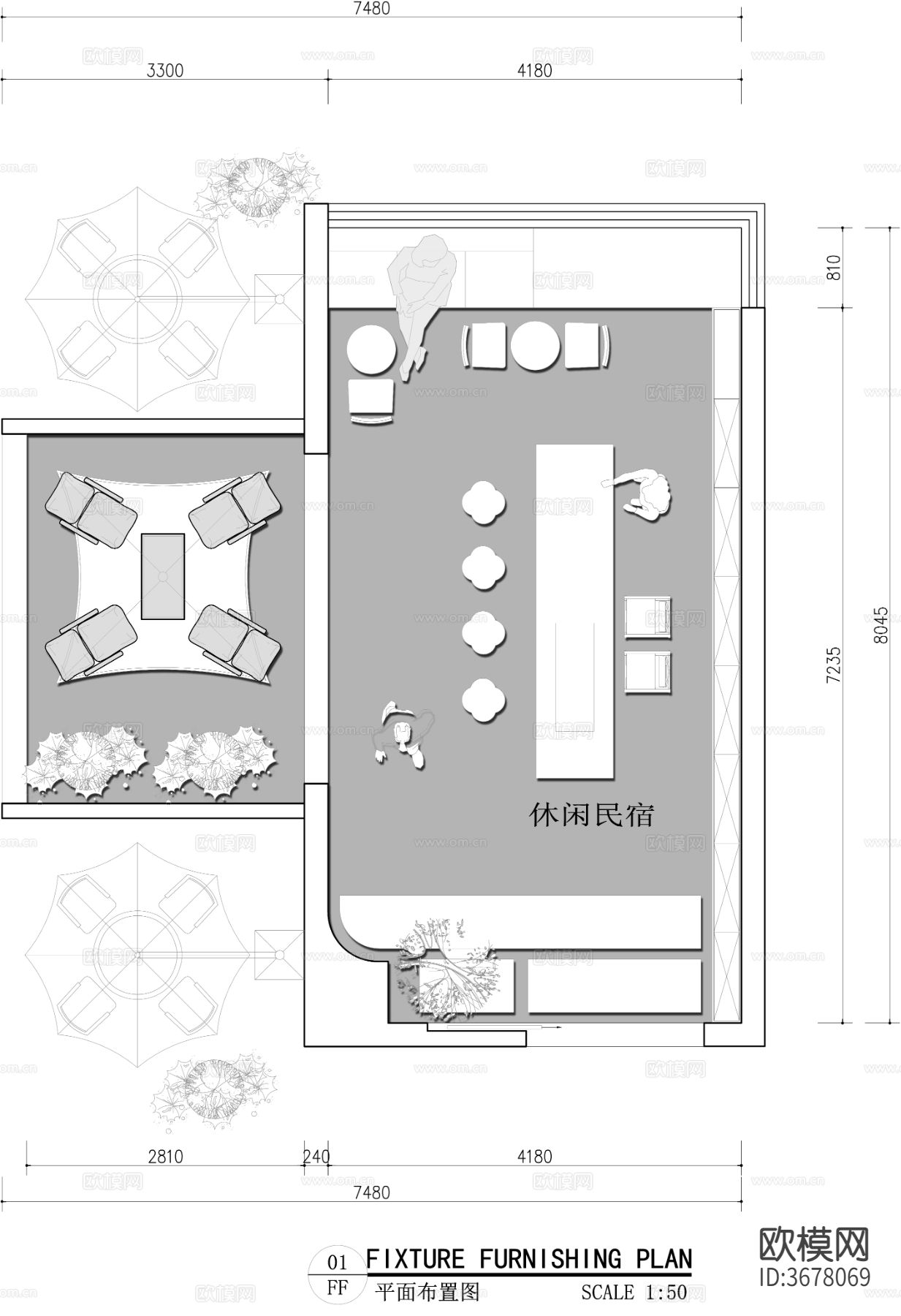 休闲民宿cad平面图下载（渲染图2）