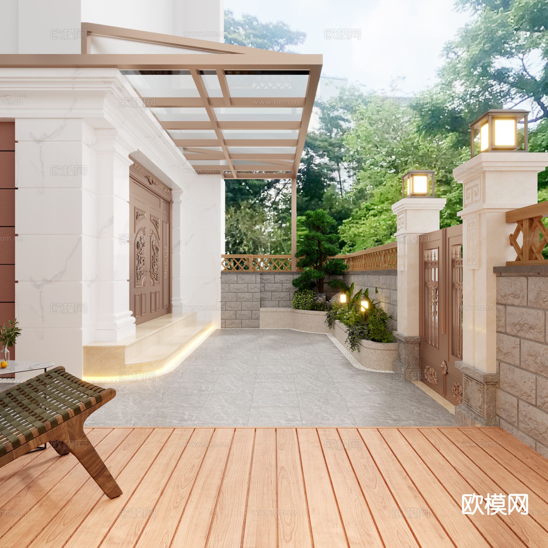 新中式别墅庭院 庭院花园3d模型