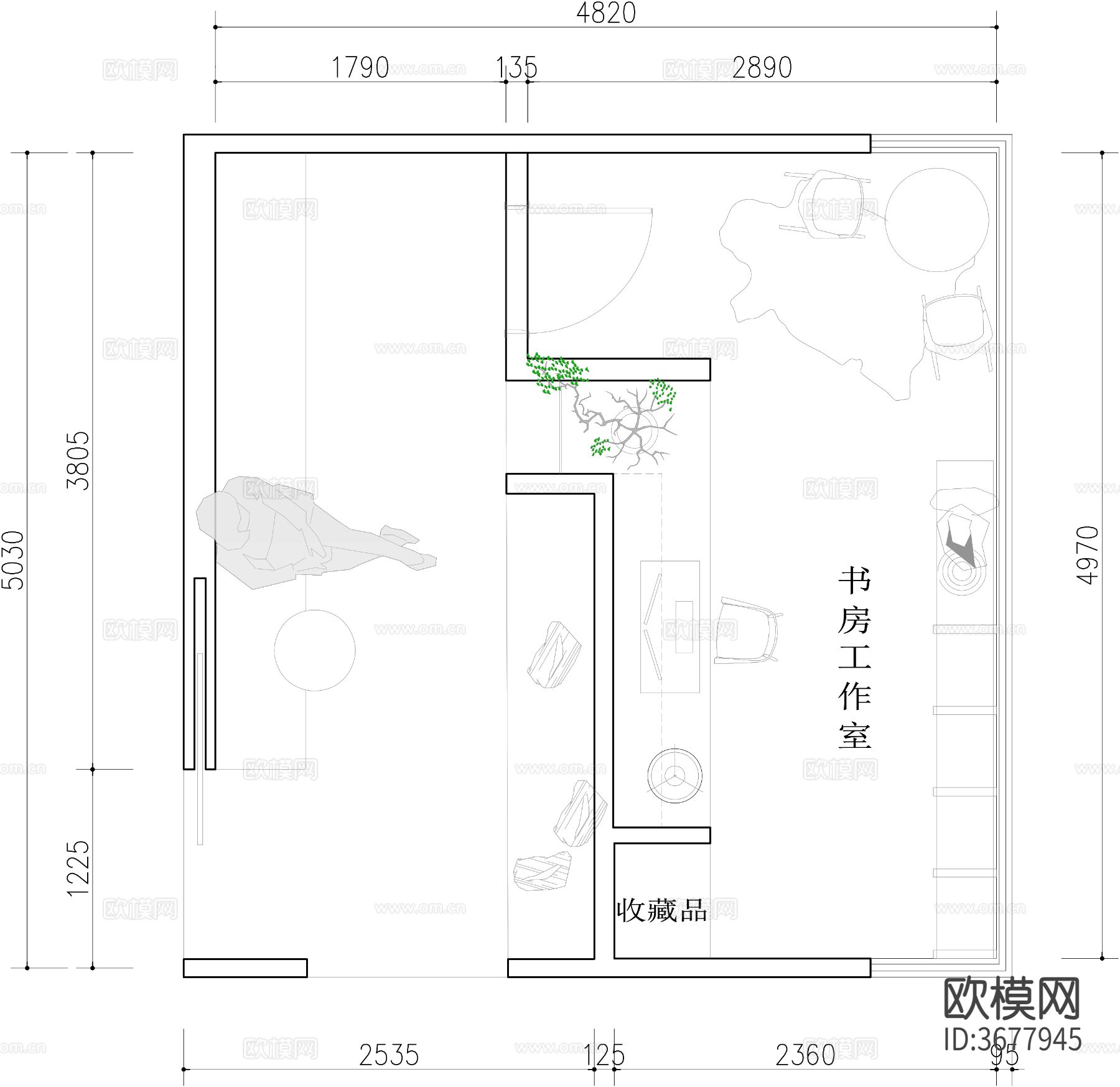 书房工作室cad平面图