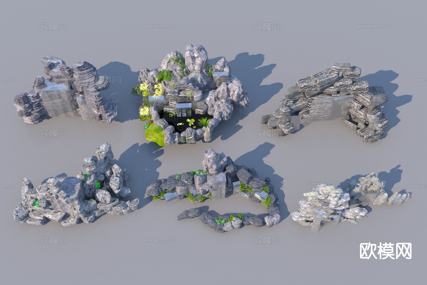 假山置石 景观石 瀑布水景 太湖石3d模型下载