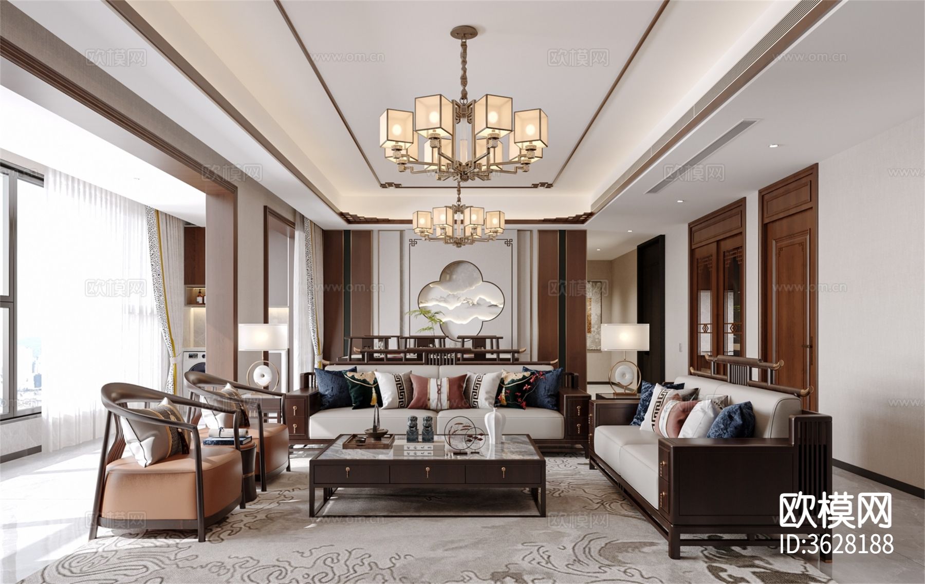 中式客餐厅效果图下载（渲染图1）