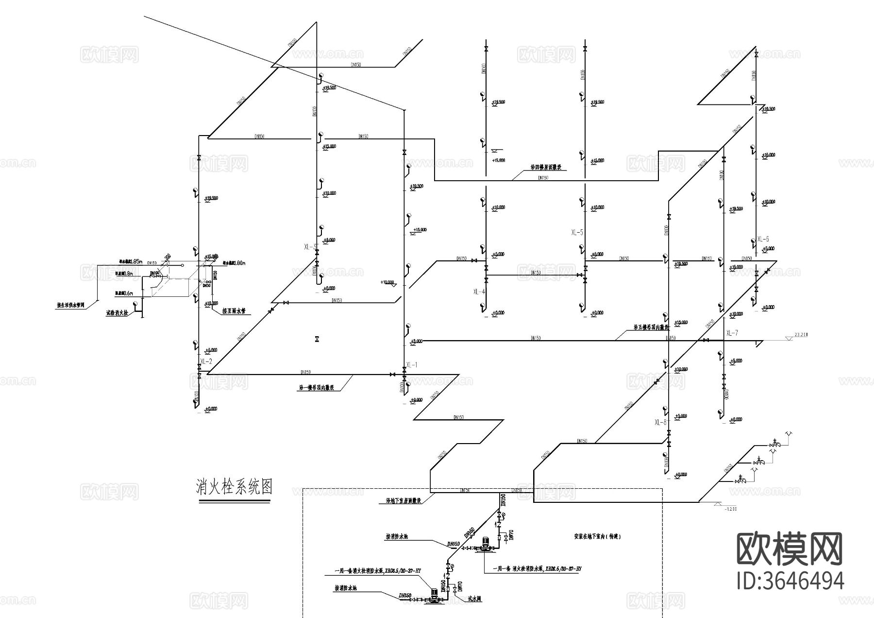大型商城自动喷淋消防cad施工图下载（渲染图3）
