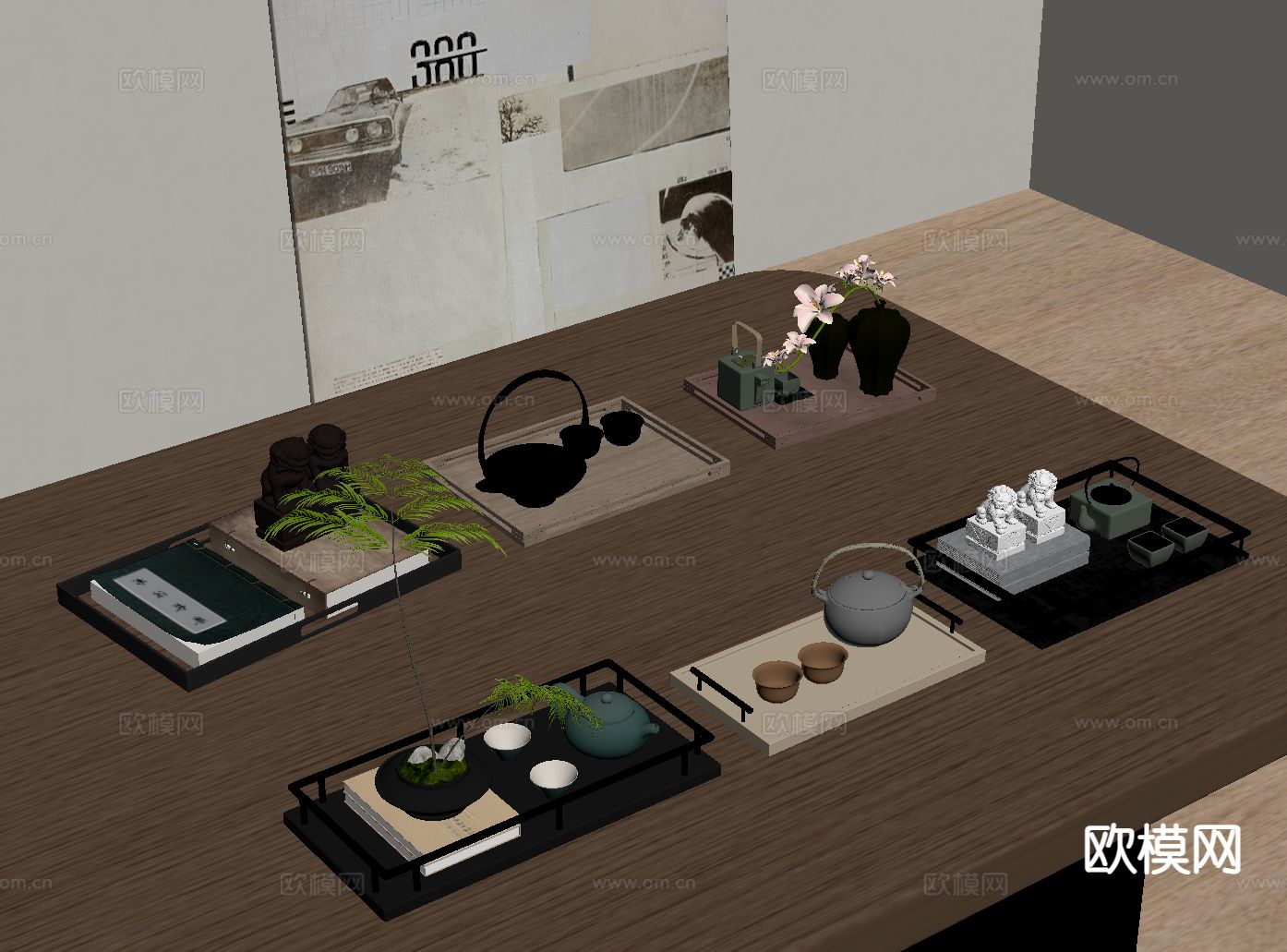 新中式托盘 茶具su模型下载（渲染图1）