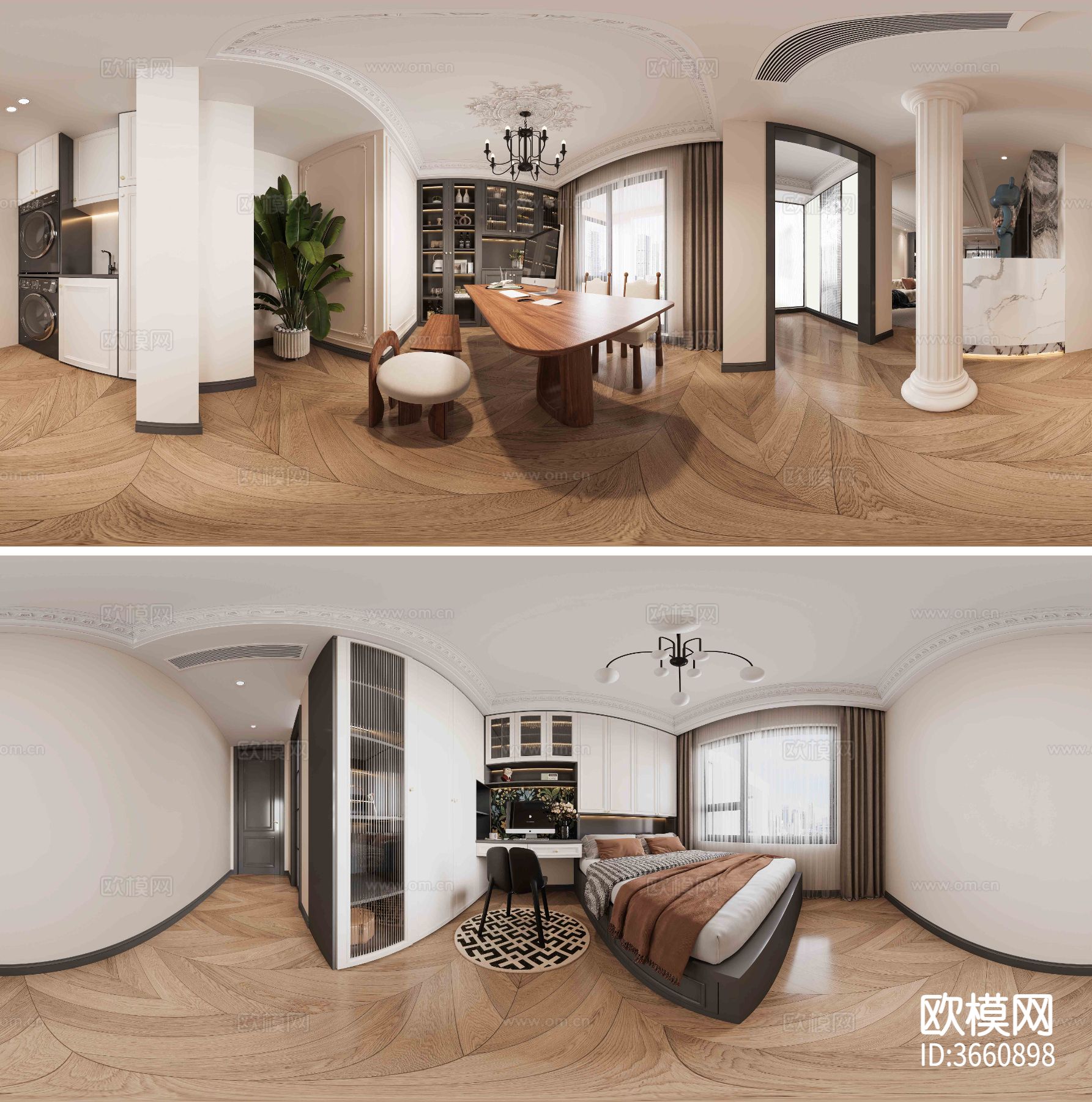 法式家装VR全景效果cad平面图下载（渲染图2）