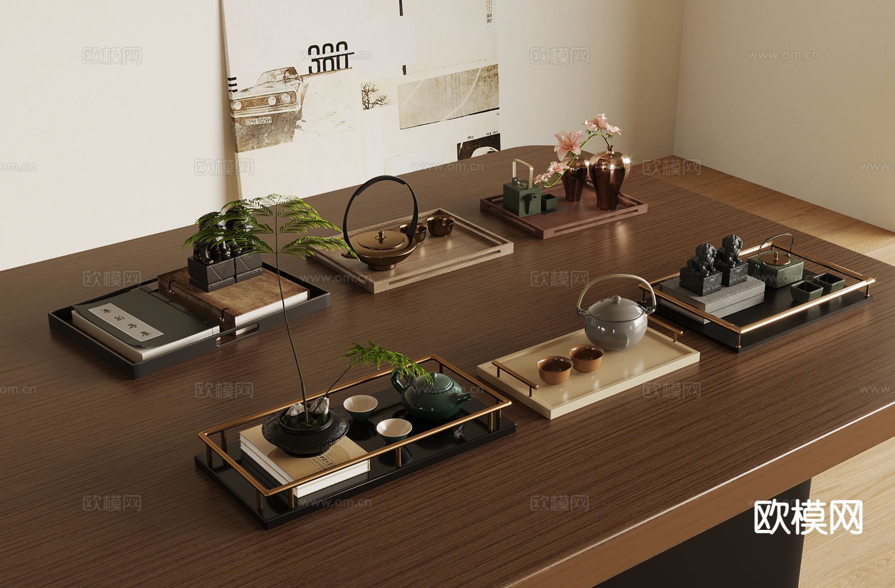 新中式托盘 茶具su模型下载（渲染图2）