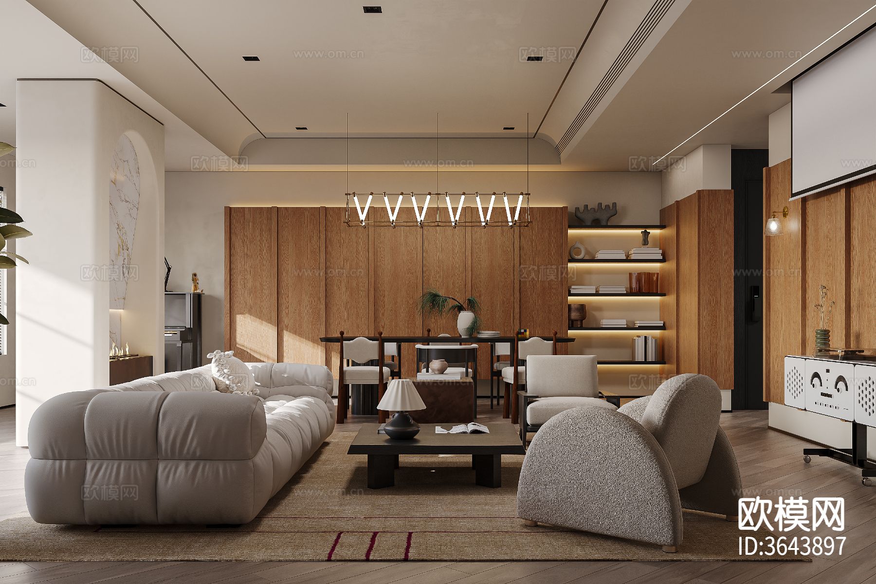 中古风大平层 客餐厅装修效果图下载（渲染图7）